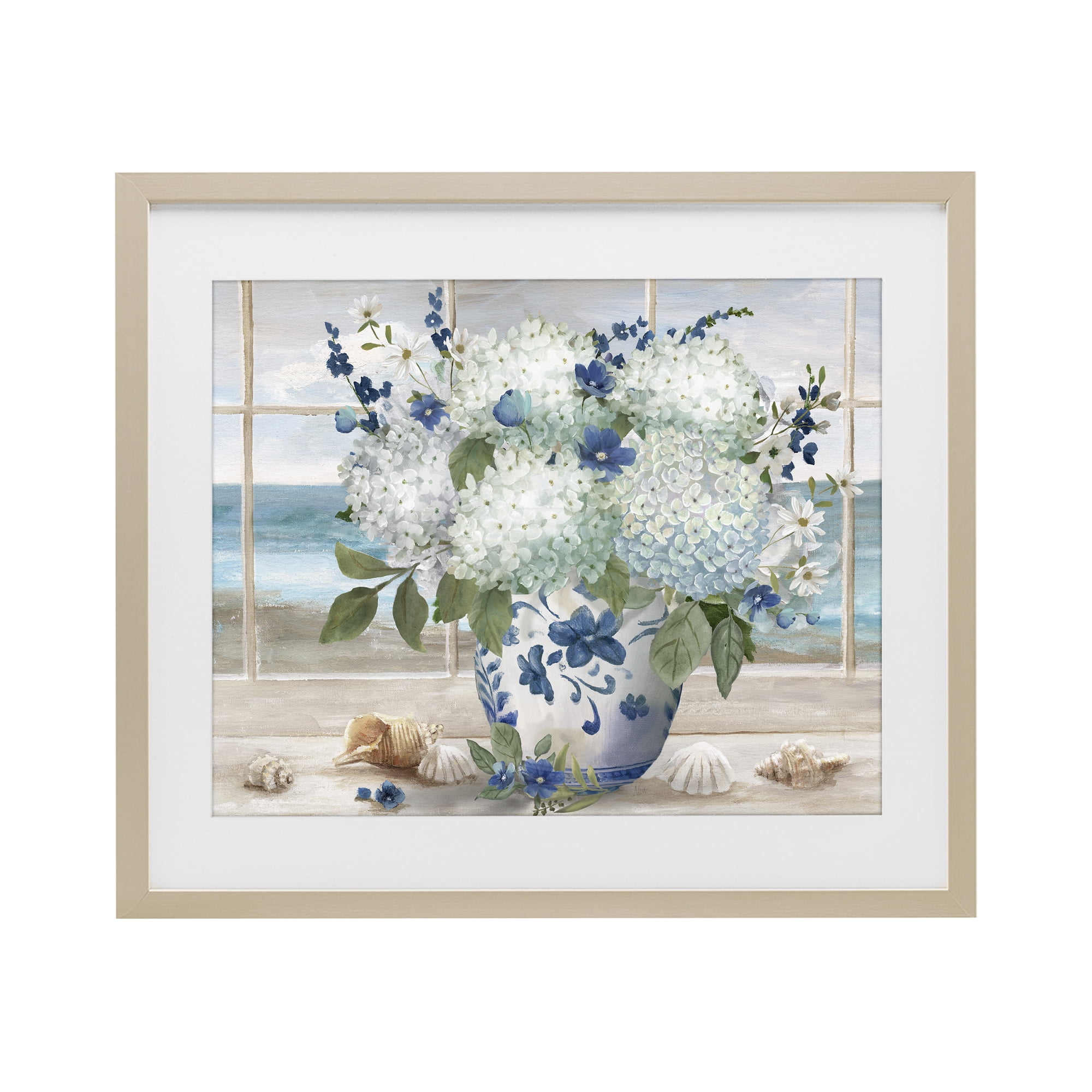 Stupell Industries Seaside Hydrangea Bouquet in Window Birch Framed Print Under Glass, design by Nan