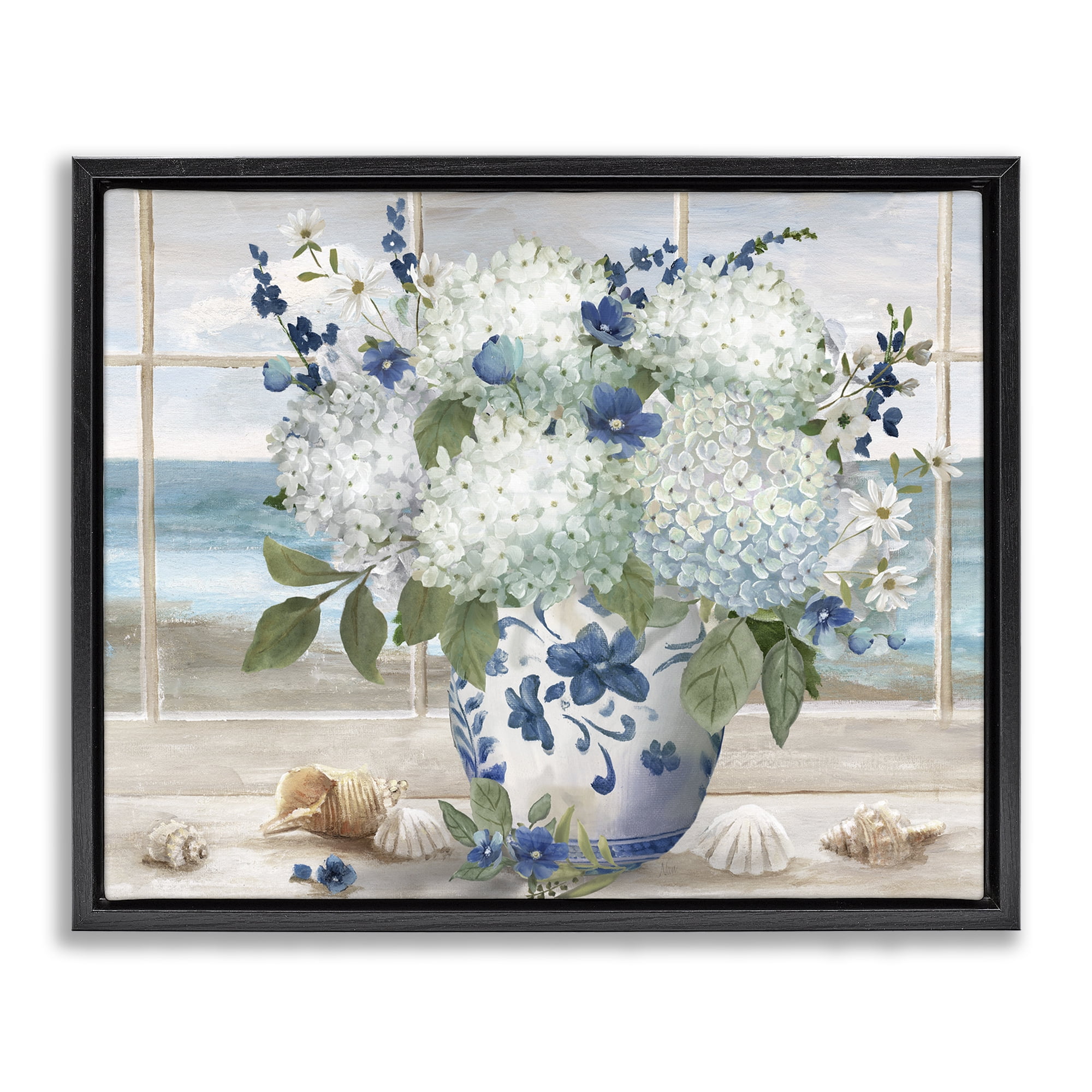Stupell Industries Seaside Hydrangea Bouquet in Window Black Framed Floater Canvas Wall Art, design by Nan