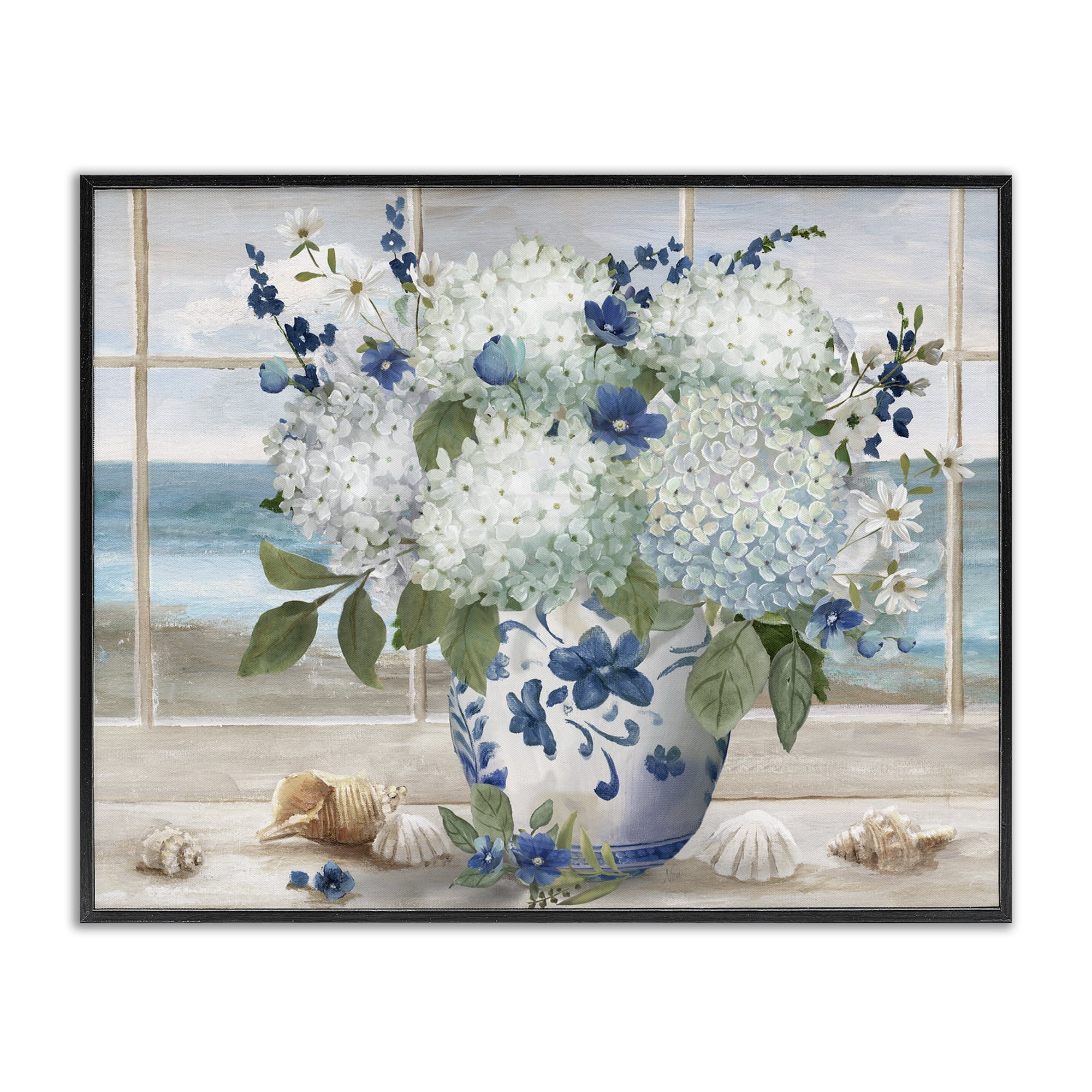 Stupell Industries Seaside Hydrangea Bouquet in Window Black Framed Giclee Art, design by Nan