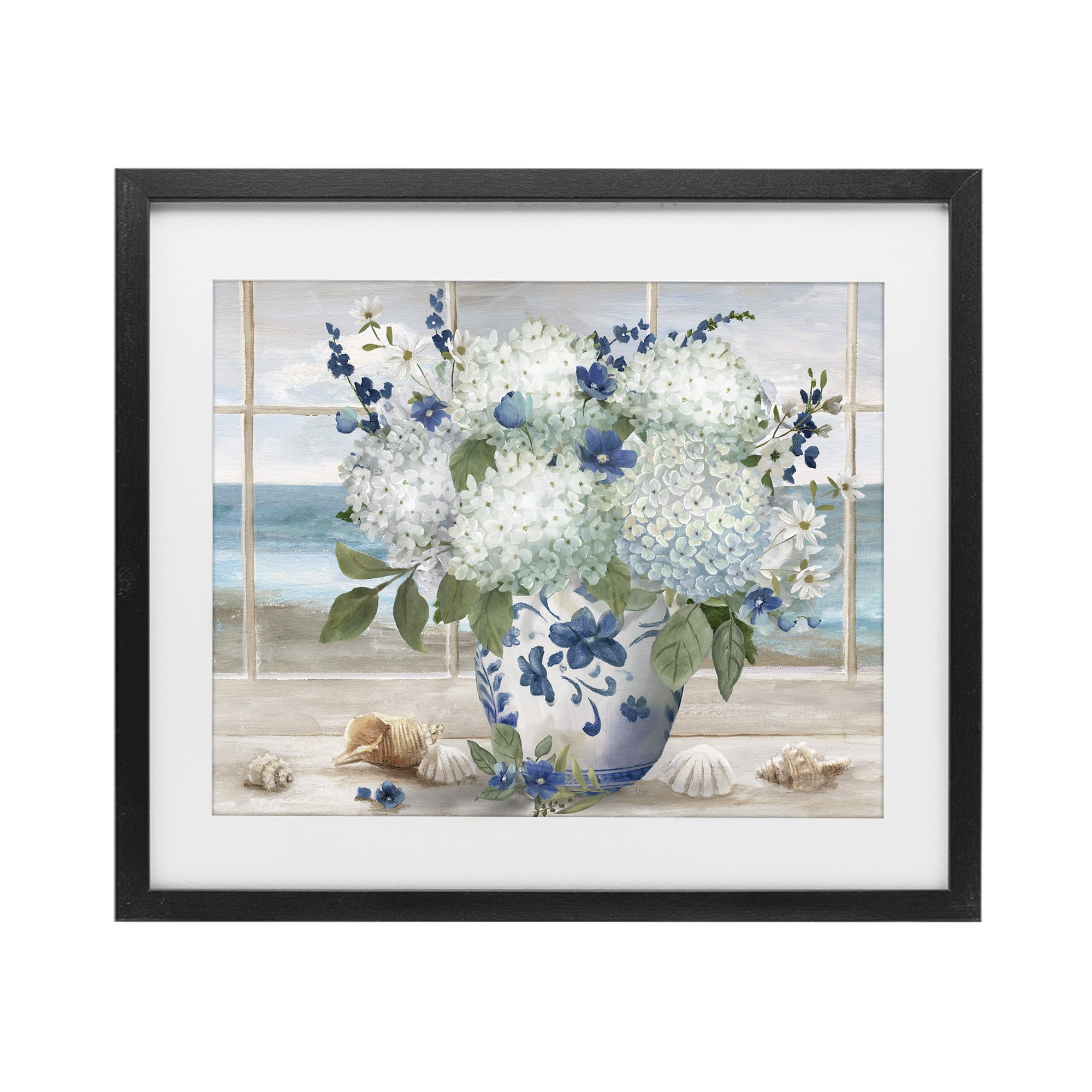 Stupell Industries Seaside Hydrangea Bouquet in Window Black Framed Print Under Glass, design by Nan