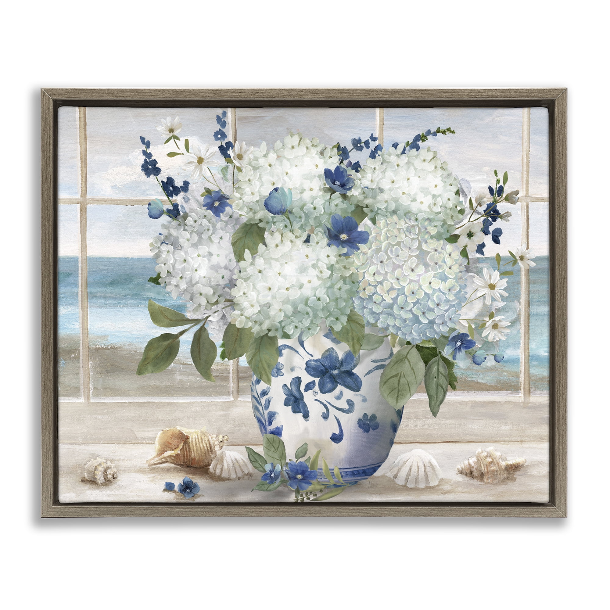 Stupell Industries Seaside Hydrangea Bouquet in Window Brown Framed Floater Canvas Wall Art, design by Nan
