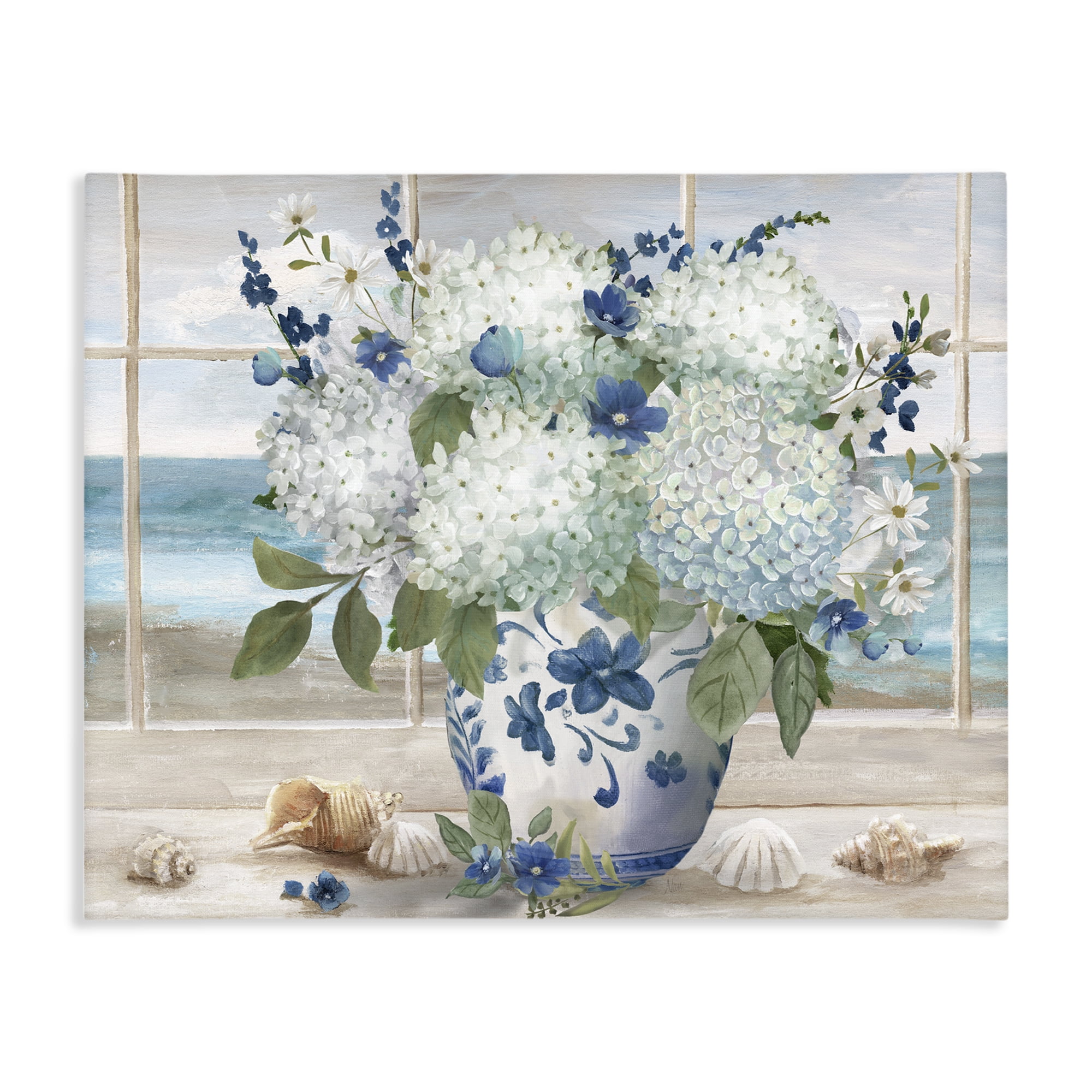Stupell Industries Seaside Hydrangea Bouquet in Window Canvas Wall Art, design by Nan