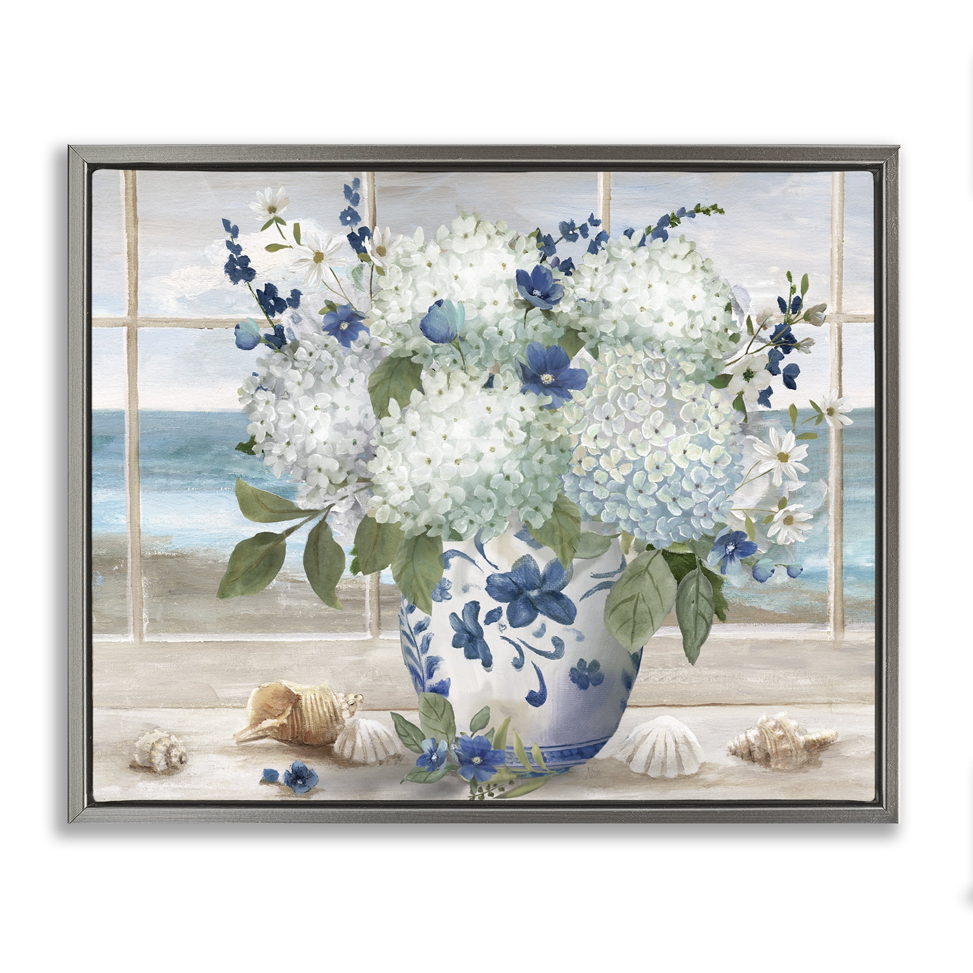 Stupell Industries Seaside Hydrangea Bouquet in Window Gray Framed Floater Canvas Wall Art, design by Nan