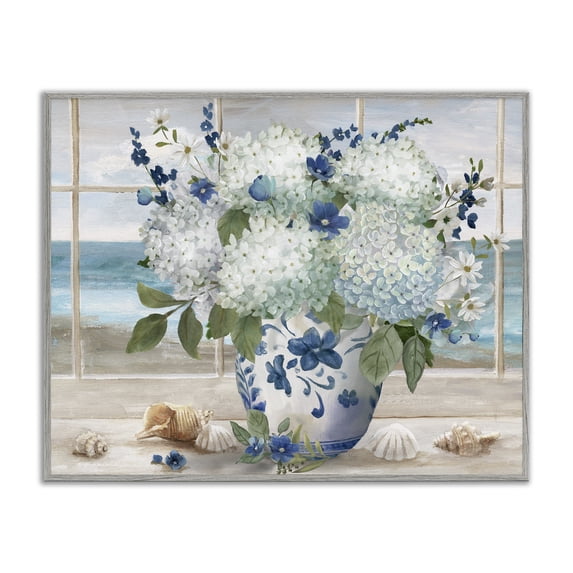 Stupell Industries Coastal Seaside Hydrangea Bouquet in Window Gray Framed Giclee Art, 30 x 24, by Nan