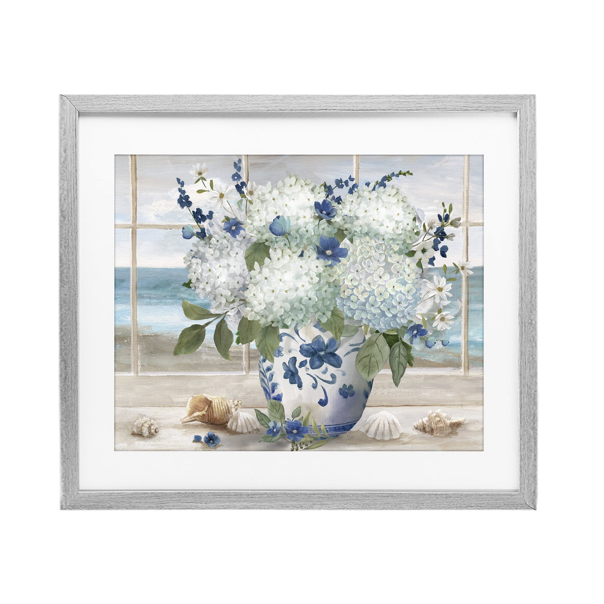 Stupell Industries Seaside Hydrangea Bouquet in Window Gray Framed Print Under Glass, design by Nan