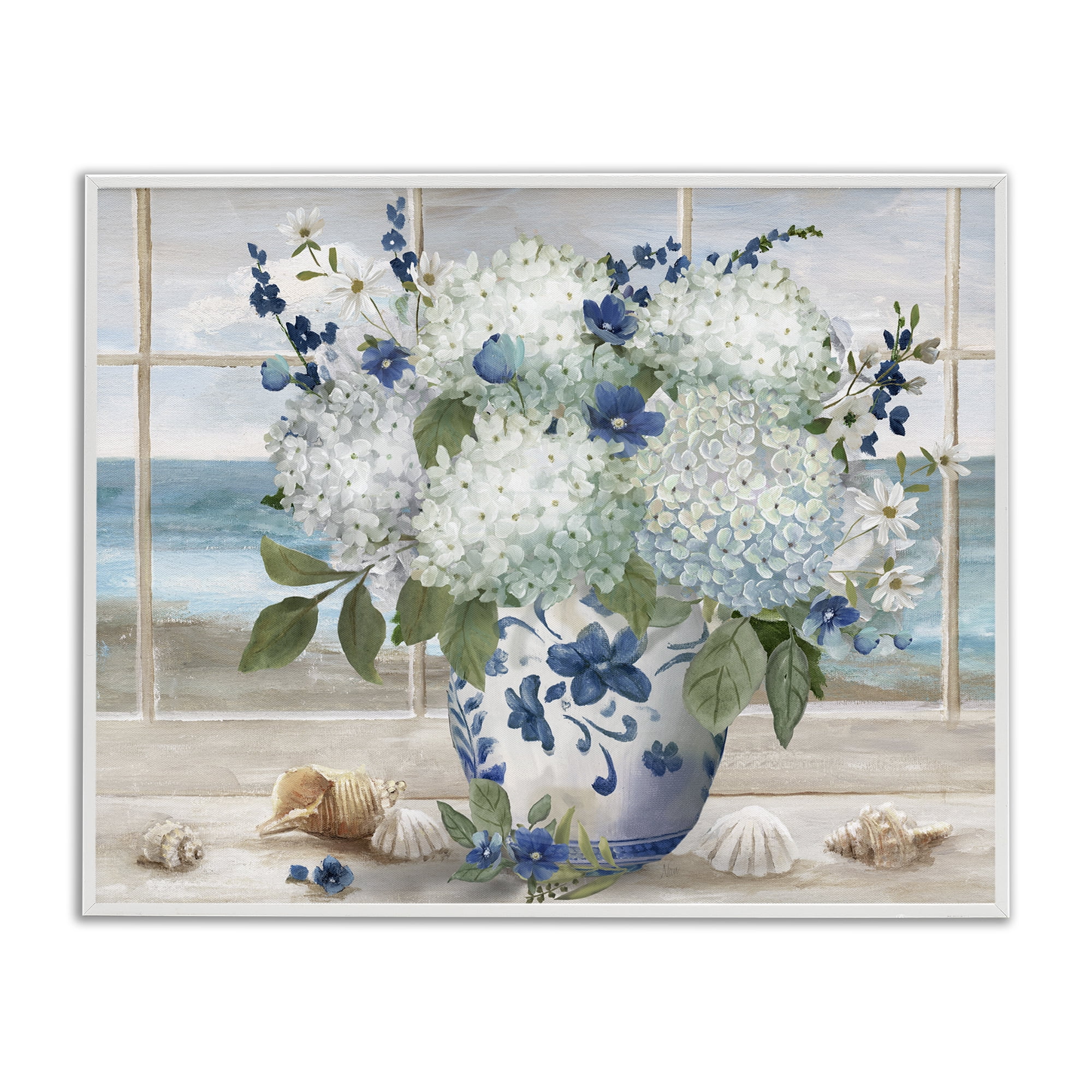 Stupell Industries Seaside Hydrangea Bouquet in Window White Framed Giclee Art, design by Nan