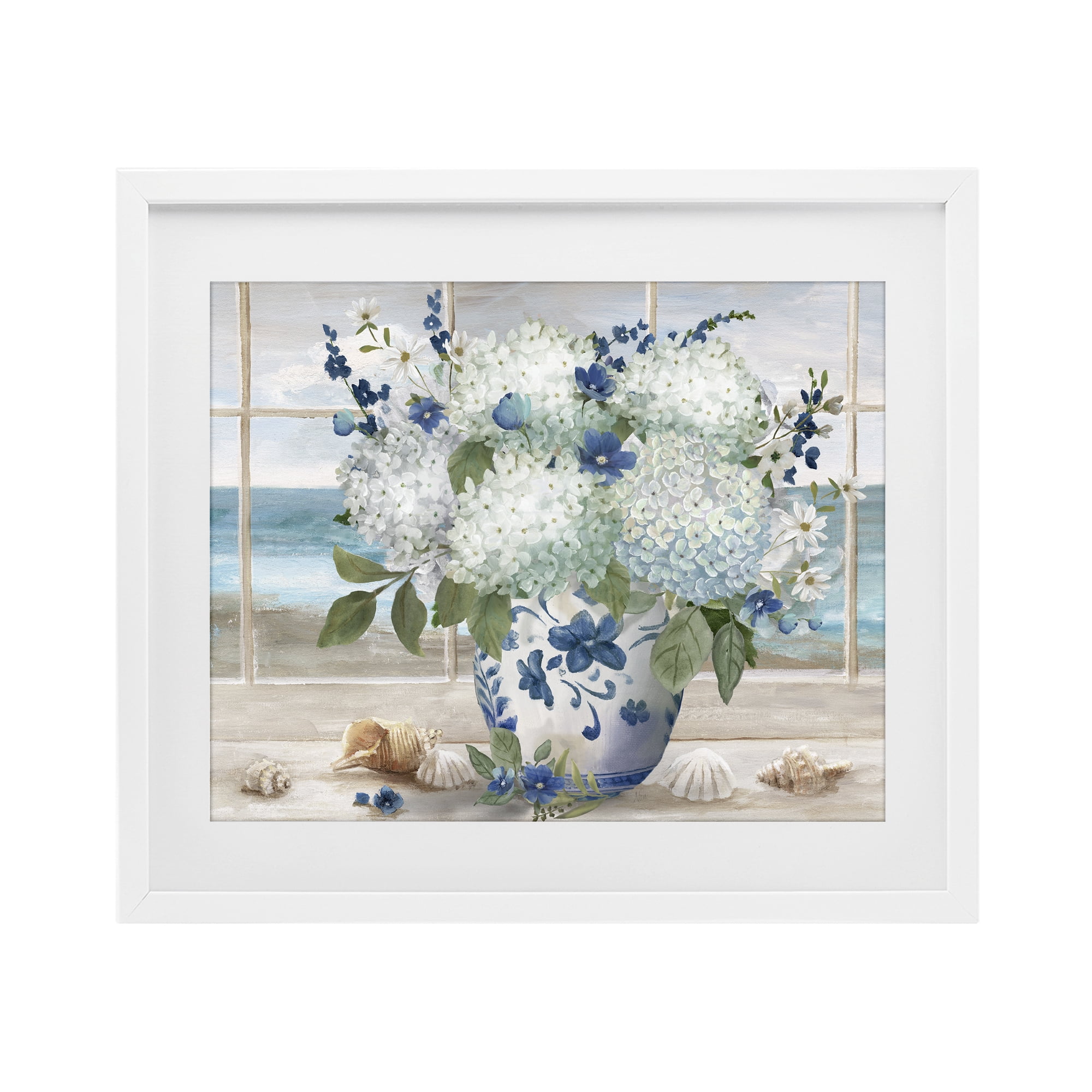 Stupell Industries Seaside Hydrangea Bouquet in Window White Framed Print Under Glass, design by Nan