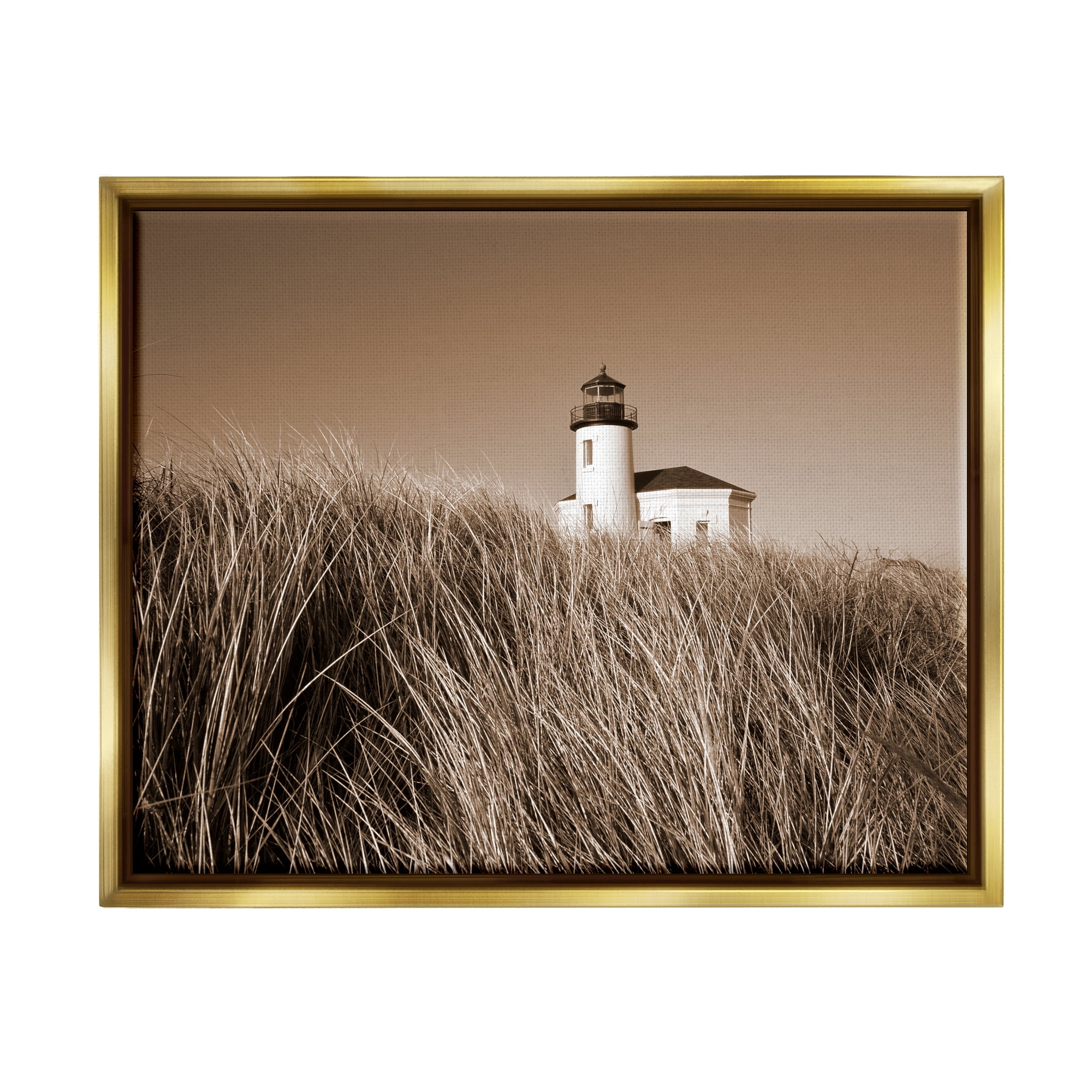 Stupell Industries Seaside Lighthouse Beach Grasses Photography Coastal Photography Gold Floater Framed Art Print Wall Art