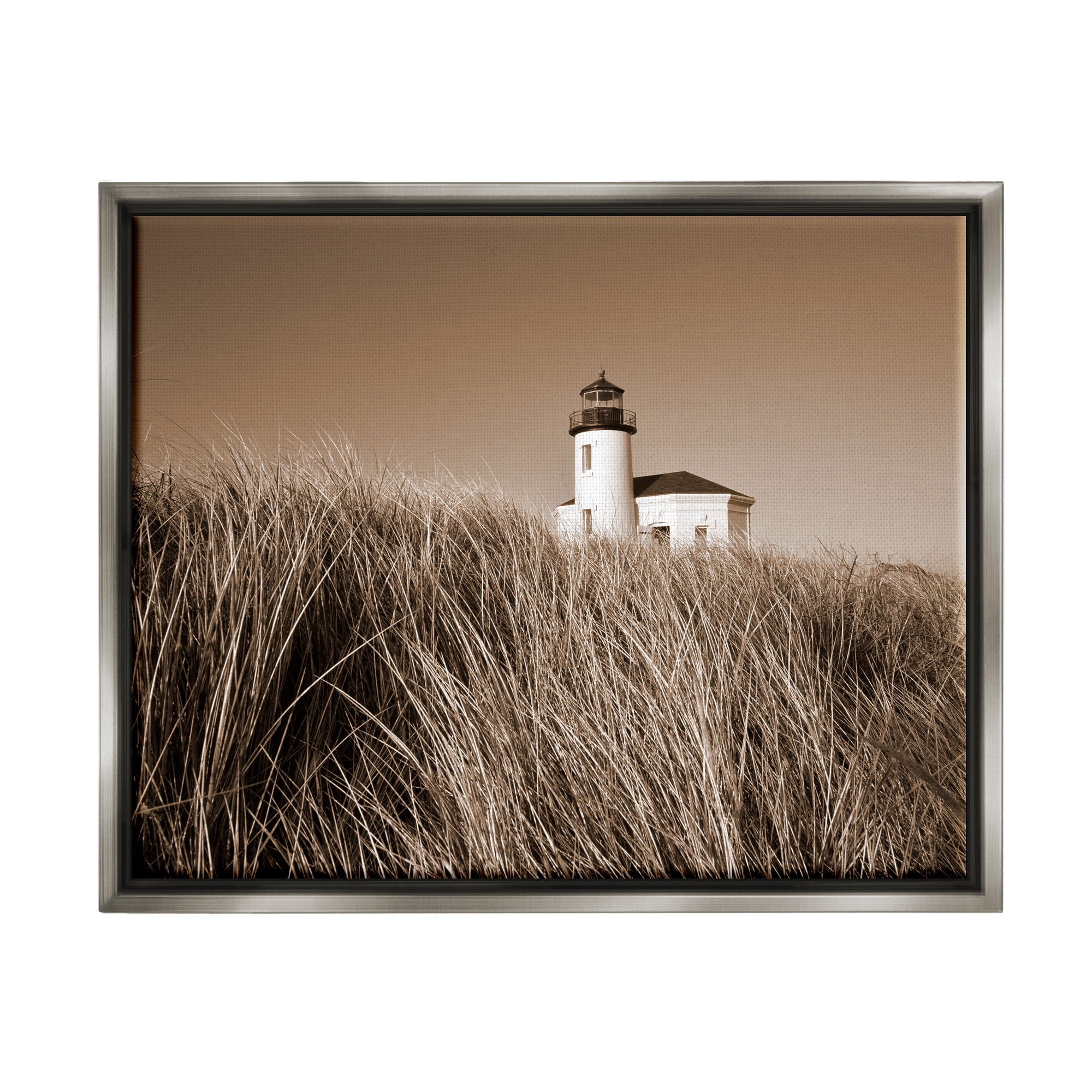 Stupell Industries Seaside Lighthouse Beach Grasses Photography Coastal Photography Gray Floater Framed Art Print Wall Art