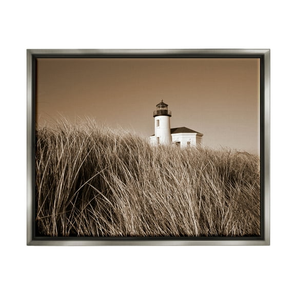Stupell Industries Seaside Lighthouse Beach Grasses Photography Coastal Photography Gray Floater Framed Art Print Wall Art