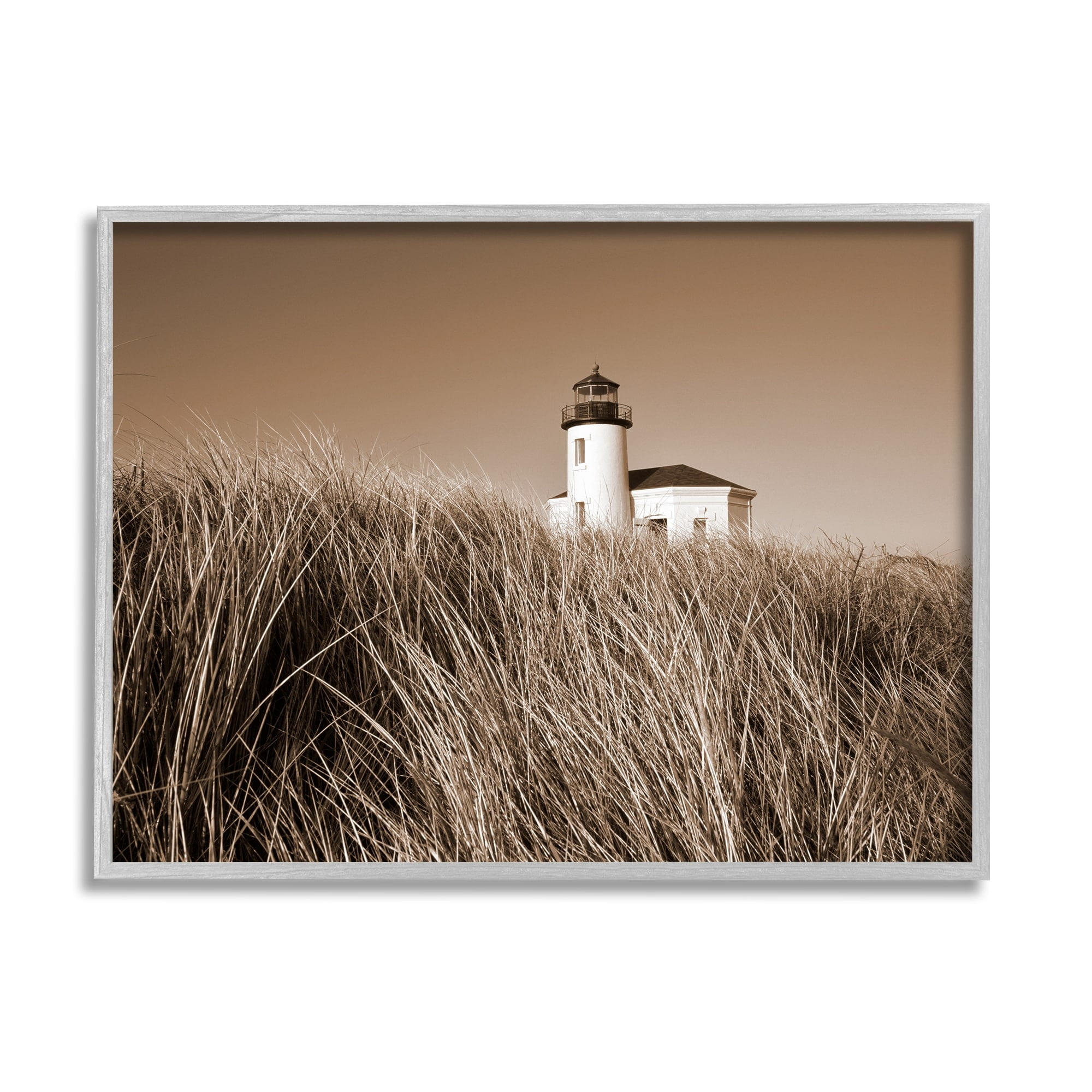 Stupell Industries Seaside Lighthouse Beach Grasses Photography Coastal Photography Gray Framed Art Print Wall Art