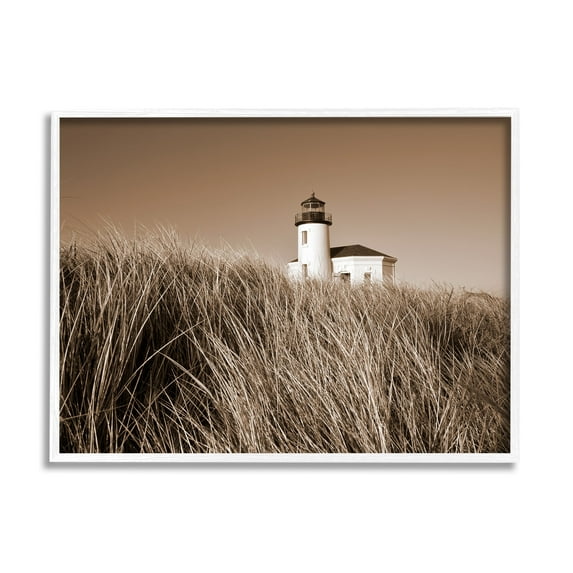 Stupell Industries Seaside Lighthouse Beach Grasses Photography Coastal Photography White Framed Art Print Wall Art