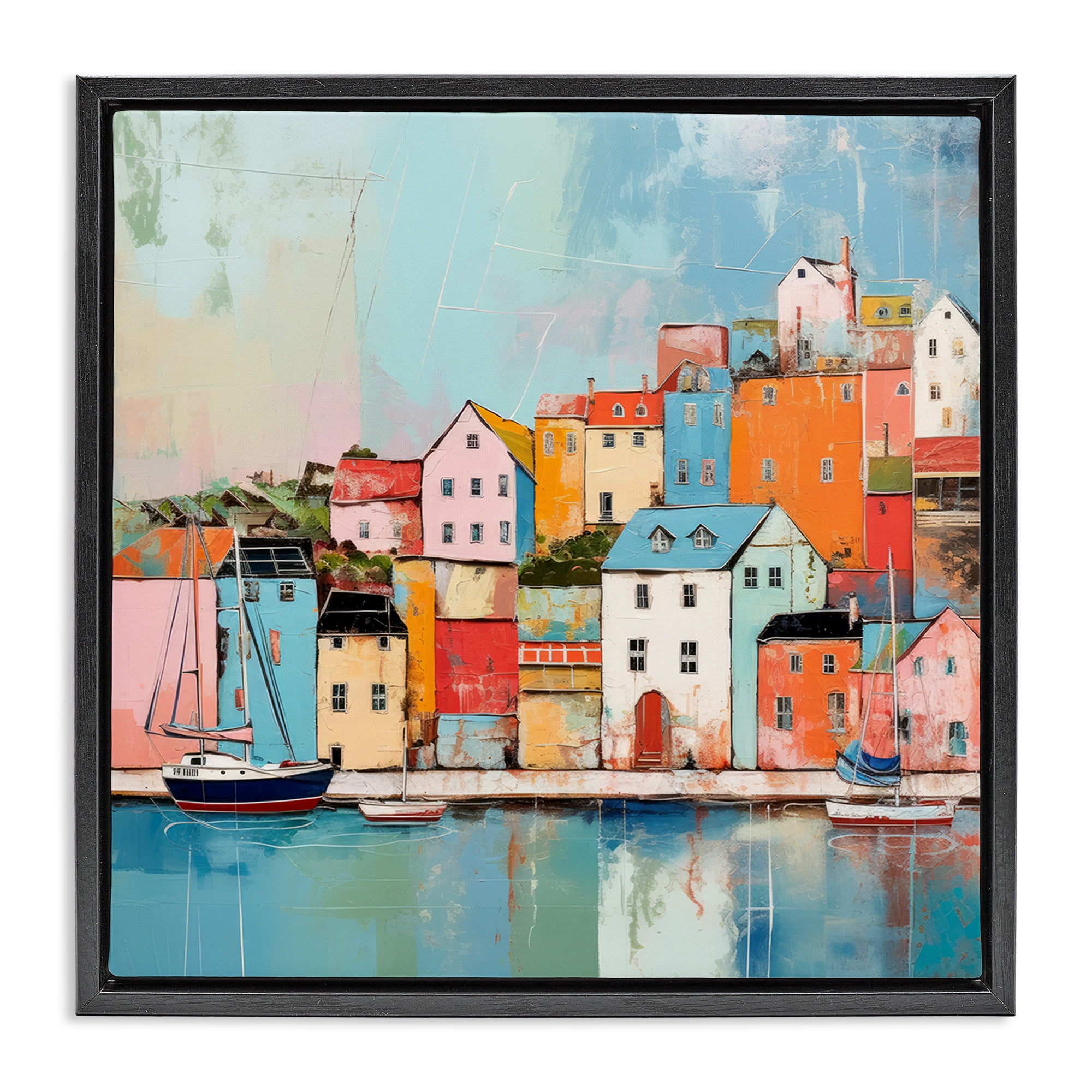 Stupell Industries Seaside Neighborhood Painting Transportation Painting Black Floater Framed Canvas Art Print Wall Art, 18 x 18