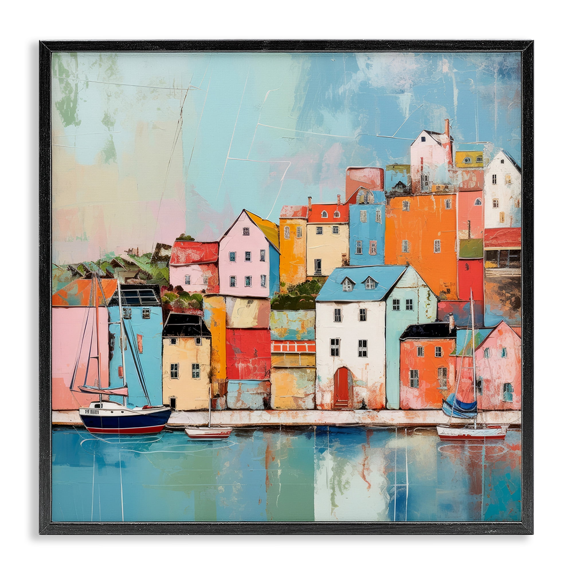 Stupell Industries Seaside Neighborhood Painting Transportation Painting Black Framed Art Print Wall Art, 24 x 24