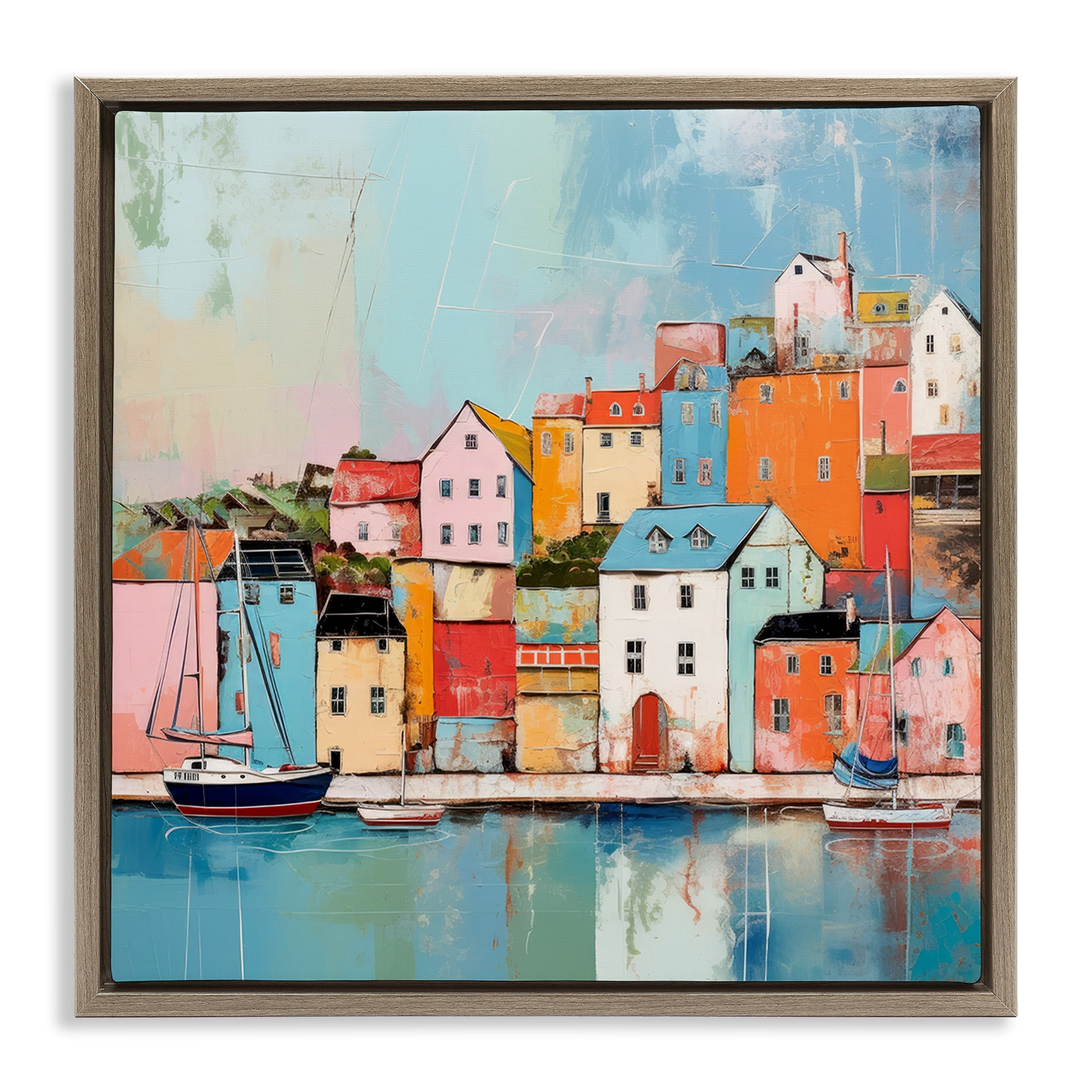 Stupell Industries Seaside Neighborhood Painting Transportation Painting Brown Floater Framed Canvas Art Print Wall Art, 18 x 18