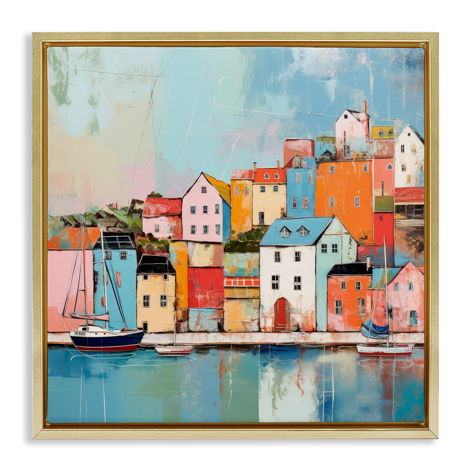 Stupell Industries Seaside Neighborhood Painting Transportation Painting Gold Floater Framed Canvas Art Print Wall Art, 25 x 25