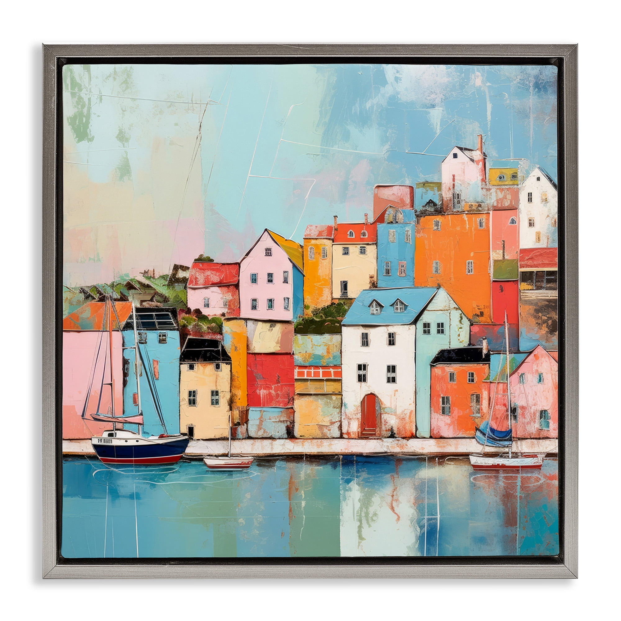 Stupell Industries Seaside Neighborhood Painting Transportation Painting Gray Floater Framed Canvas Art Print Wall Art, 25 x 25