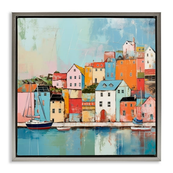 Stupell Industries Seaside Neighborhood Painting Transportation Painting Gray Floater Framed Canvas Art Print Wall Art, 25 x 25