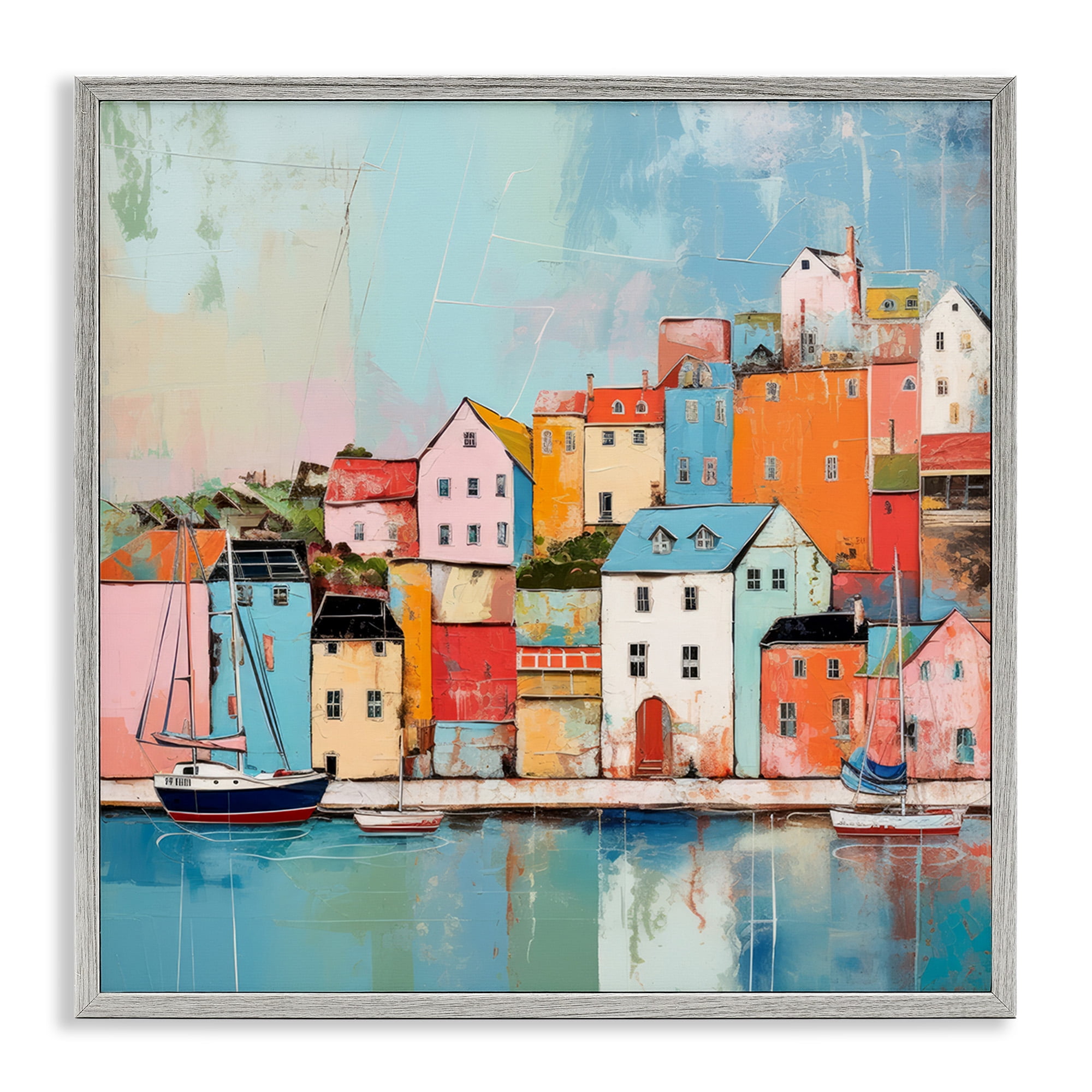 Stupell Industries Seaside Neighborhood Painting Transportation Painting Gray Framed Art Print Wall Art, 24 x 24