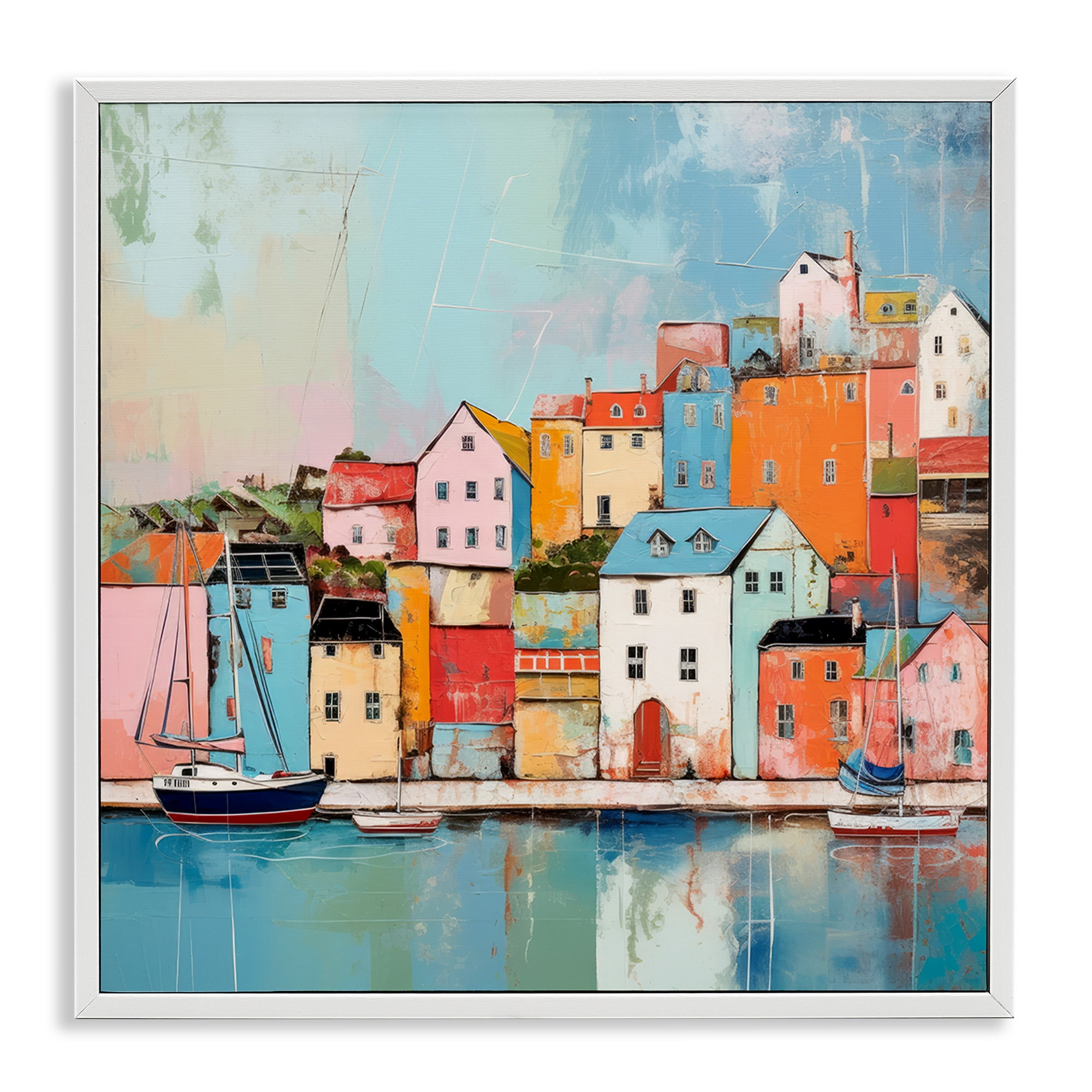 Stupell Industries Seaside Neighborhood Painting Transportation Painting White Framed Art Print Wall Art, 17 x 17