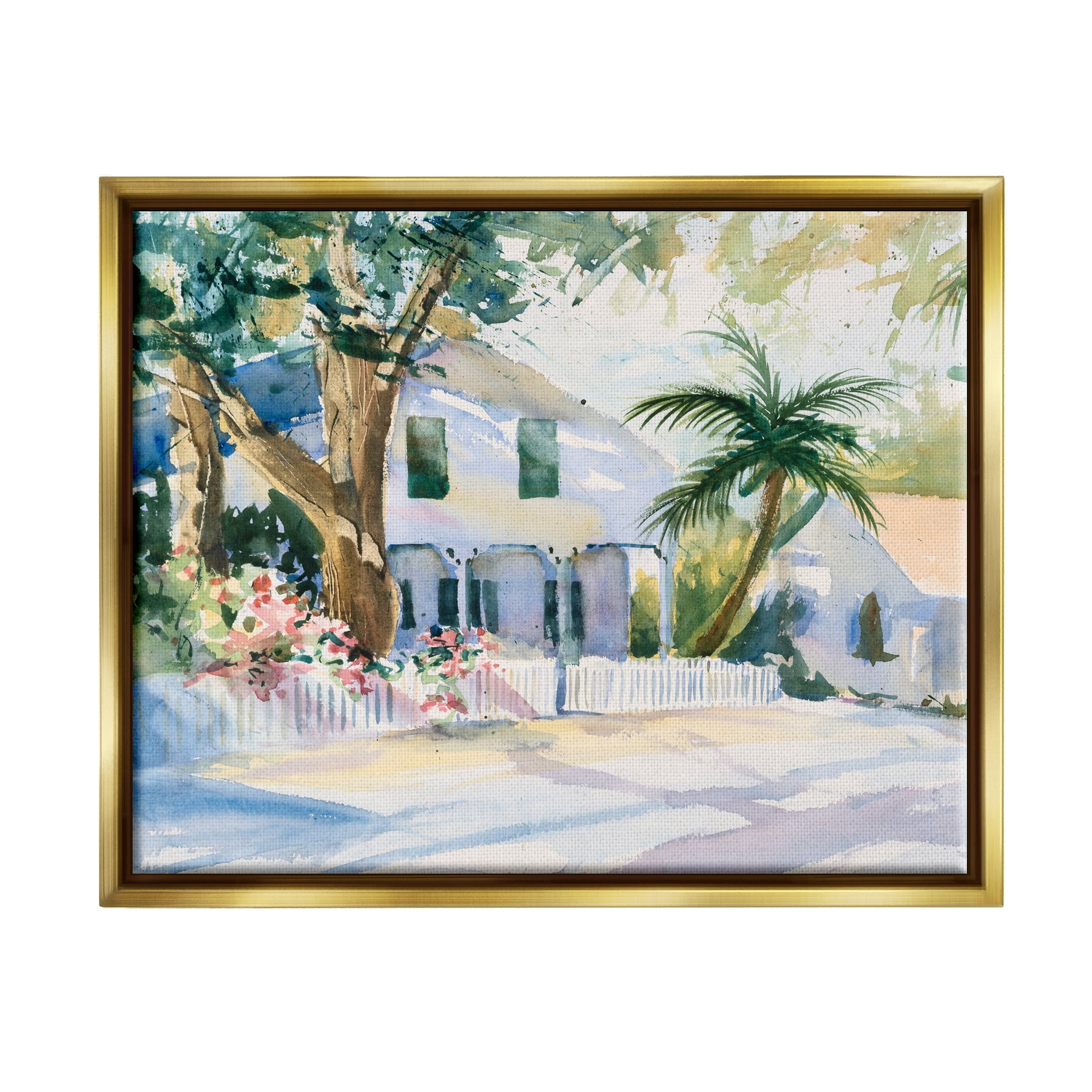 Stupell Industries Seaside Neighborhood Palm Trees Coastal Painting Gold Floater Framed Art Print Wall Art