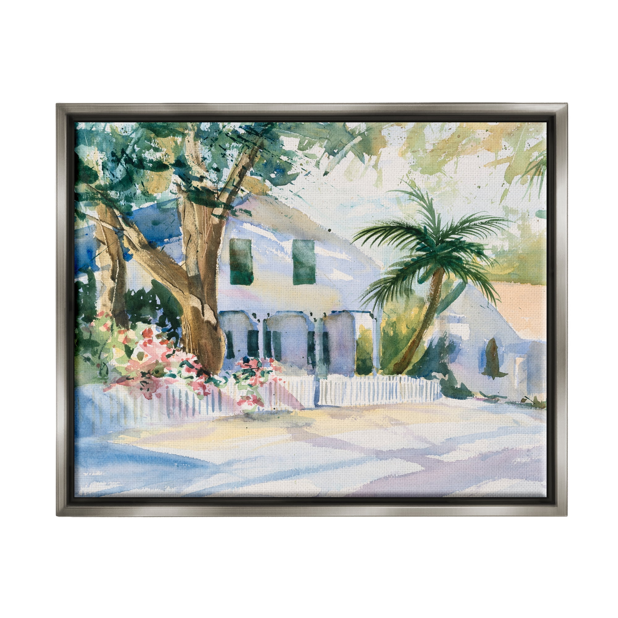Stupell Industries Seaside Neighborhood Palm Trees Coastal Painting Gray Floater Framed Art Print Wall Art