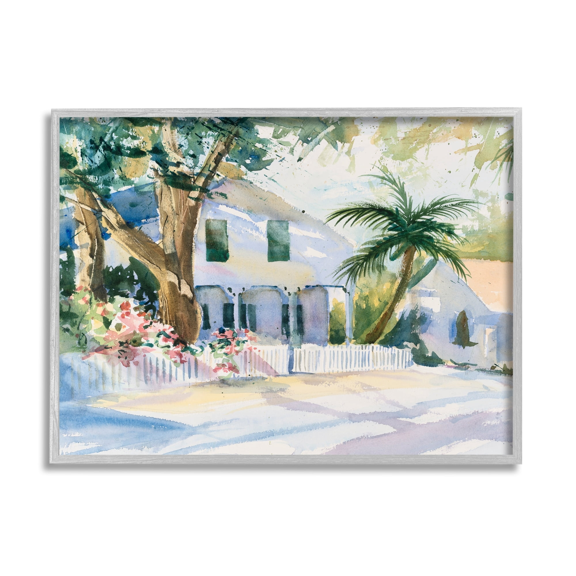 Stupell Industries Seaside Neighborhood Palm Trees Coastal Painting Gray Framed Art Print Wall Art