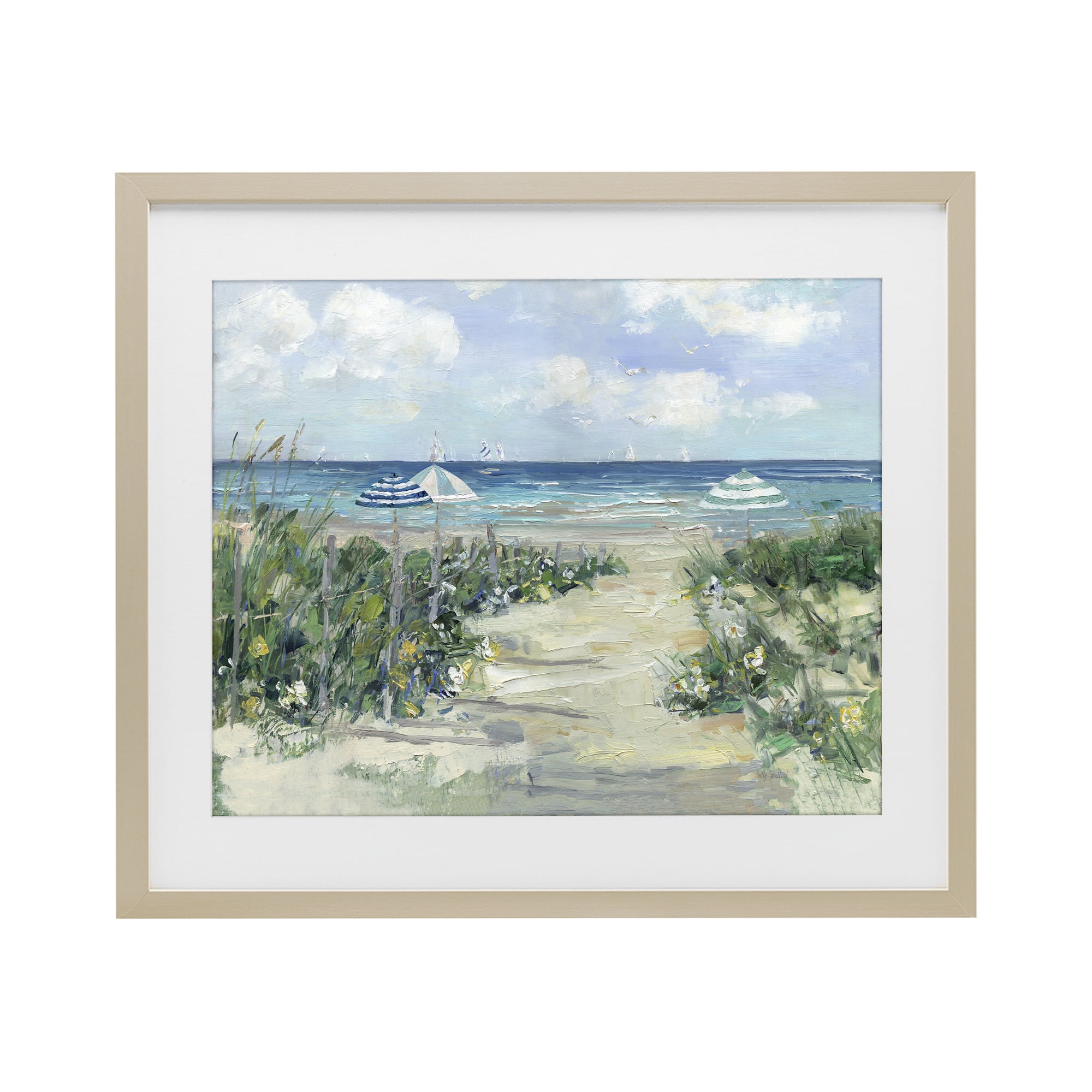 Stupell Industries Seaside Path To Striped Umbrellas Birch Framed Print Under Glass, design by Sally Swatland