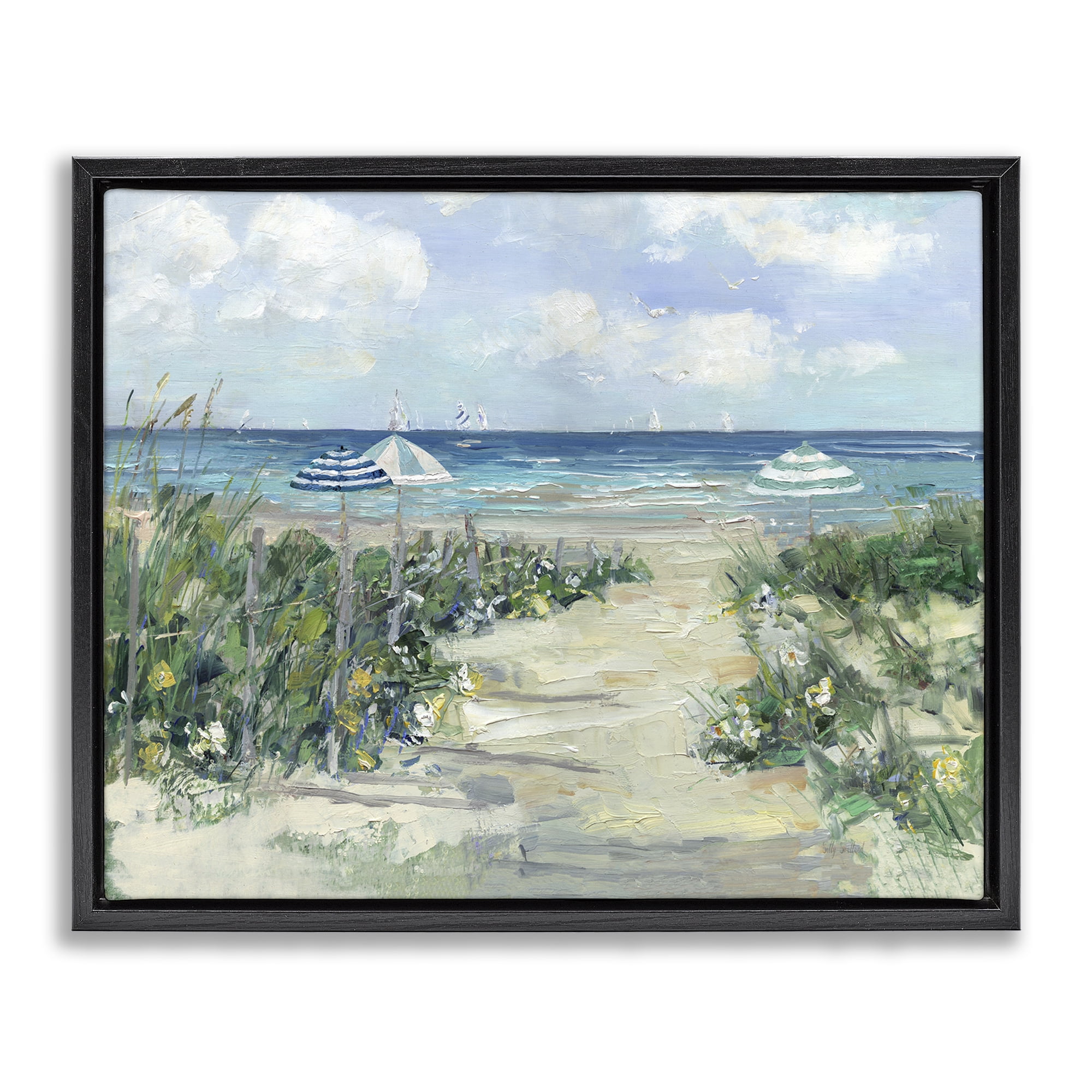 Stupell Industries Seaside Path To Striped Umbrellas Black Framed Floater Canvas Wall Art, design by Sally Swatland