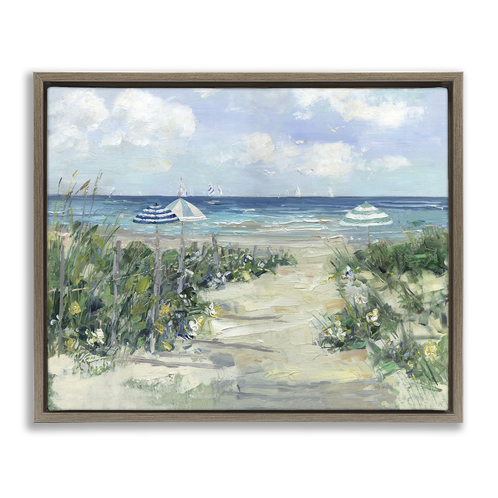 Stupell Industries Seaside Path To Striped Umbrellas Brown Framed Floater Canvas Wall Art, design by Sally Swatland