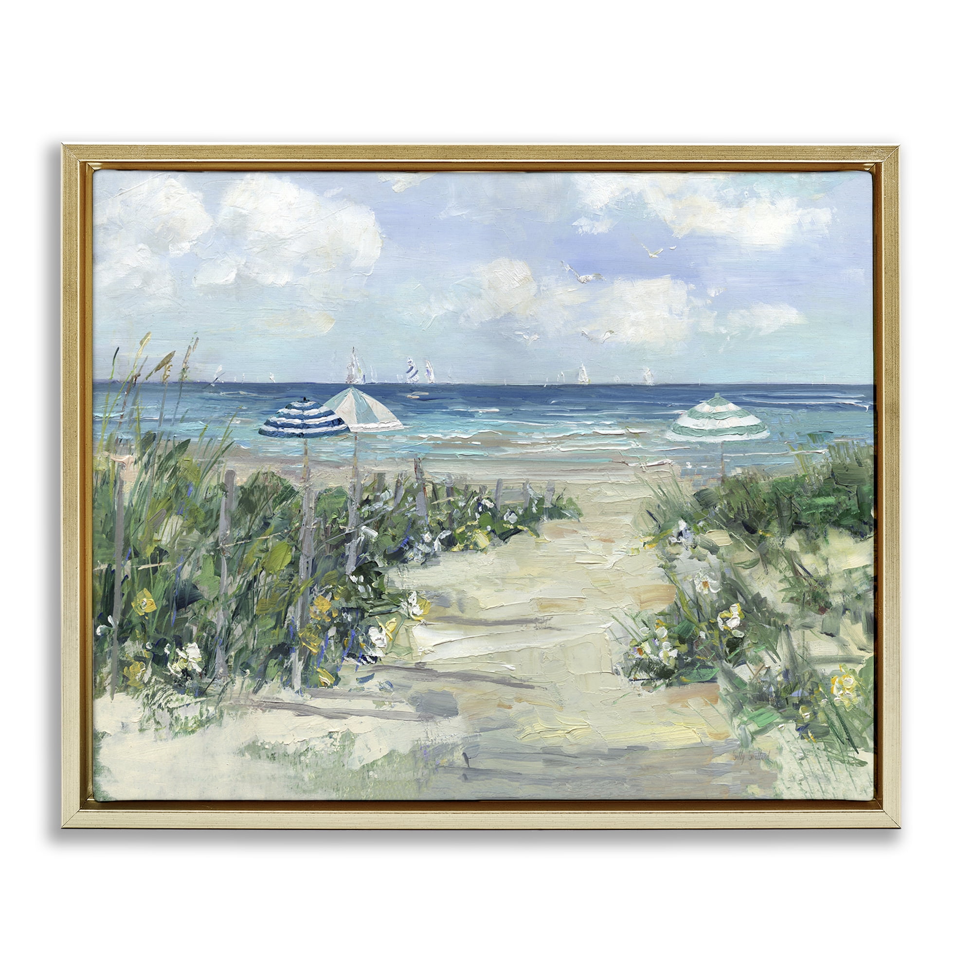 Stupell Industries Seaside Path To Striped Umbrellas Gold Framed Floater Canvas Wall Art, design by Sally Swatland