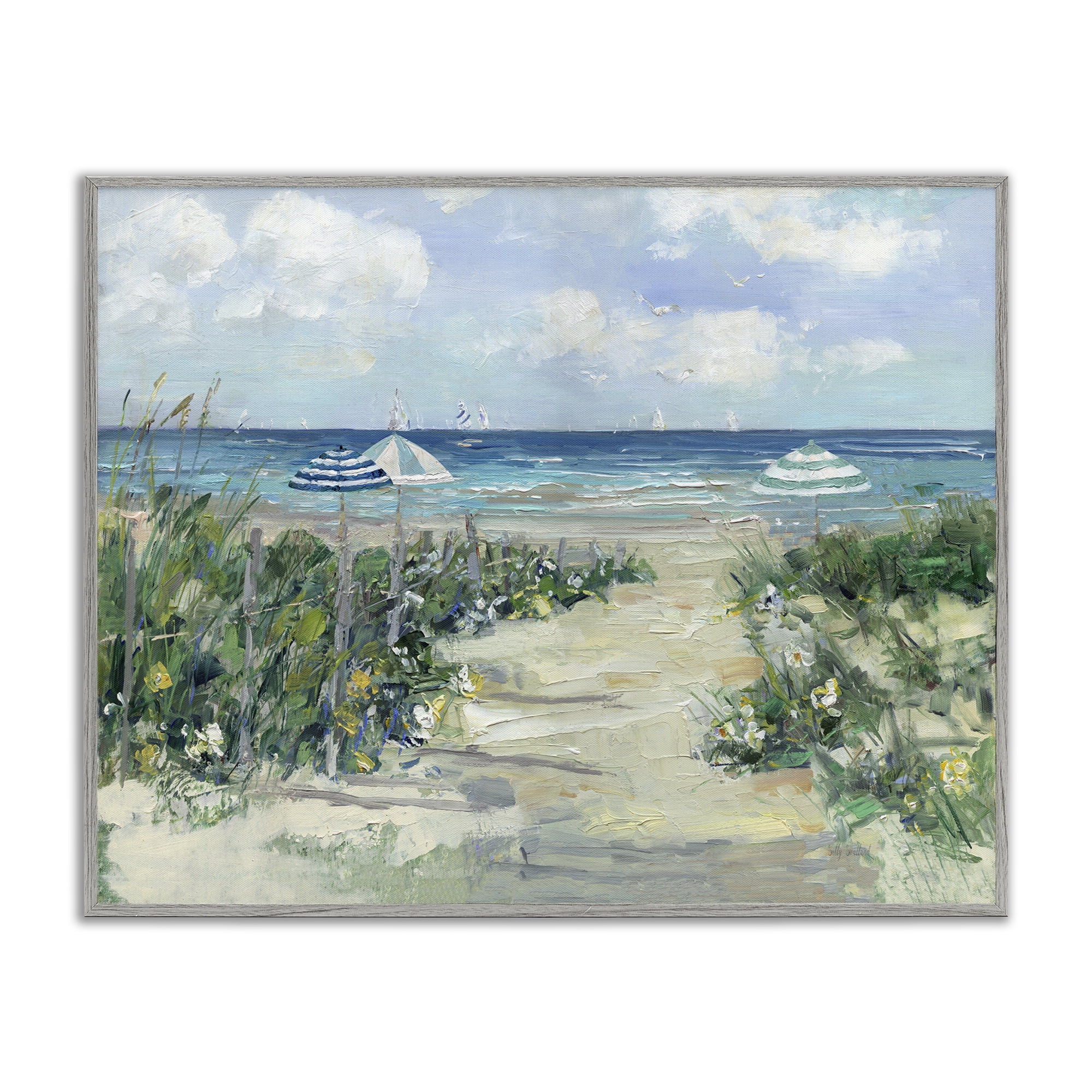 Stupell Industries Seaside Path To Striped Umbrellas Gray Framed Giclee Art, design by Sally Swatland