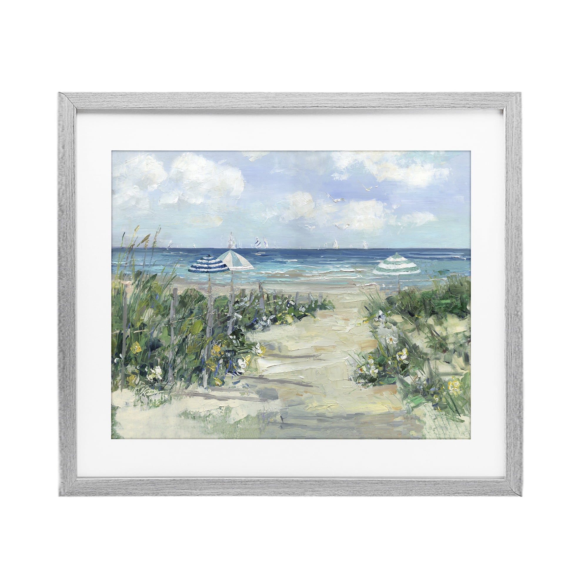 Stupell Industries Seaside Path To Striped Umbrellas Gray Framed Print Under Glass, design by Sally Swatland