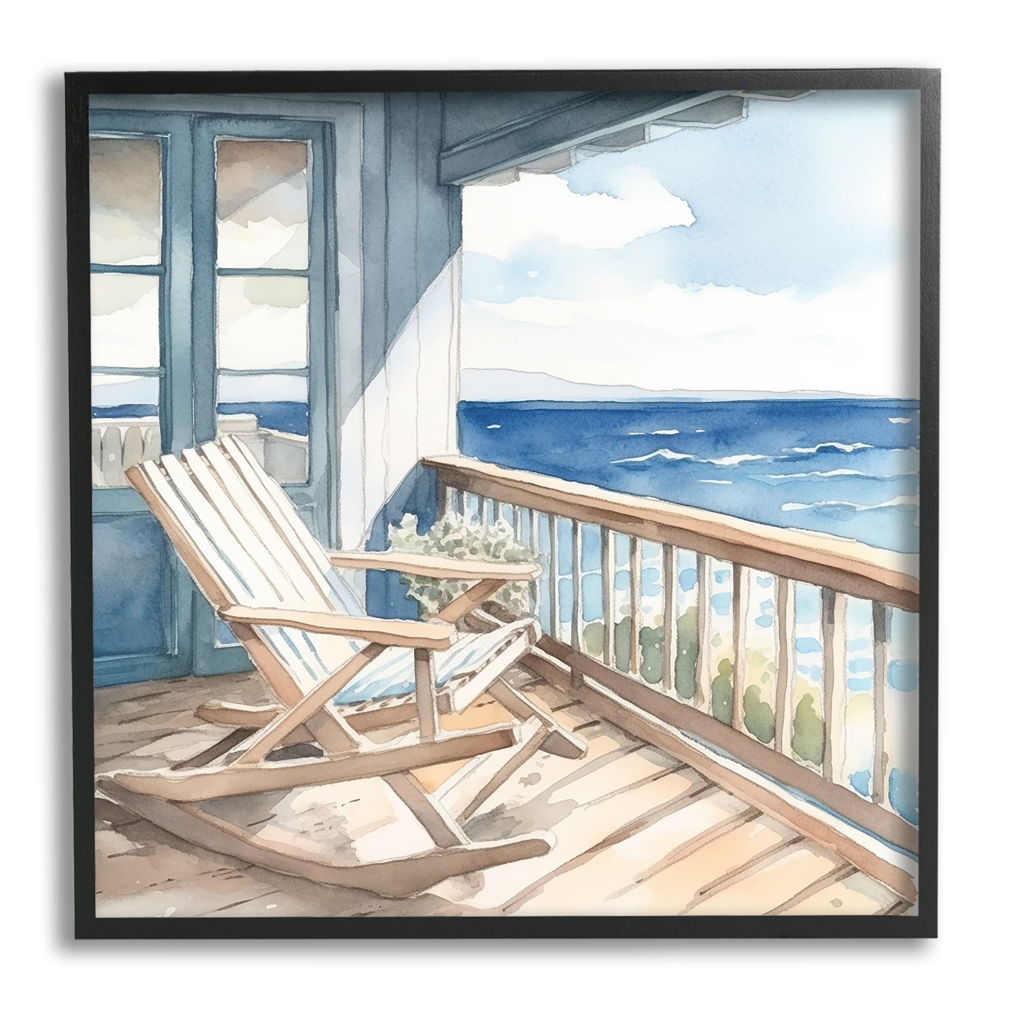 Stupell Industries Seaside Porch View Landscape Painting Black Framed Art Print Wall Art, 17 x 17
