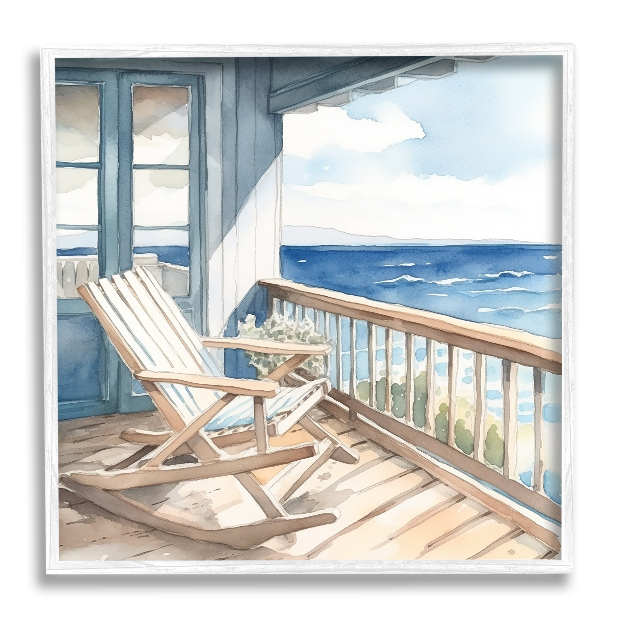 Stupell Industries Seaside Porch View Landscape Painting White Framed Art Print Wall Art, 12 x 12