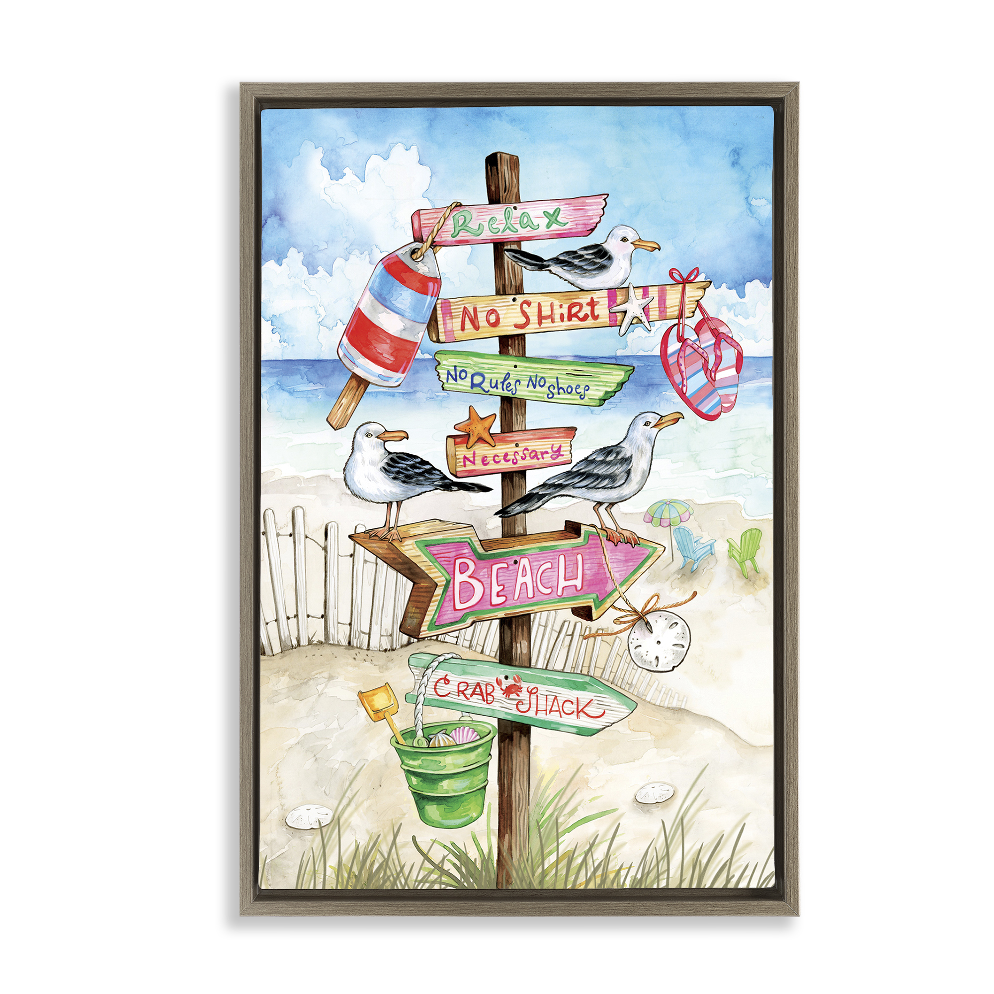 Stupell Industries Seaside Rules Signs Nautical & Beach Painting Brown Floater Framed Canvas Art Print Wall Art, 17 x 25