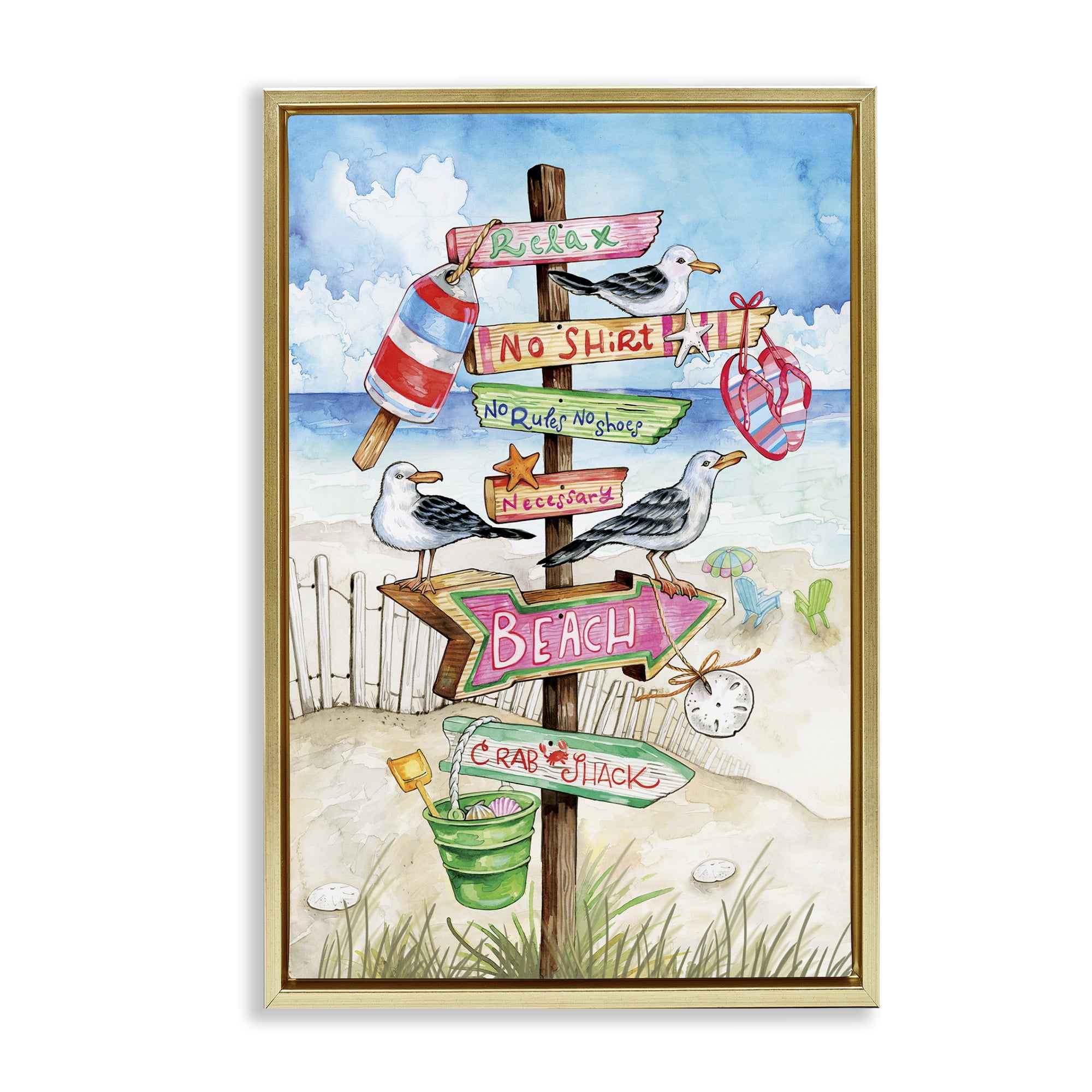 Stupell Industries Seaside Rules Signs Nautical & Beach Painting Gold Floater Framed Canvas Art Print Wall Art, 17 x 25