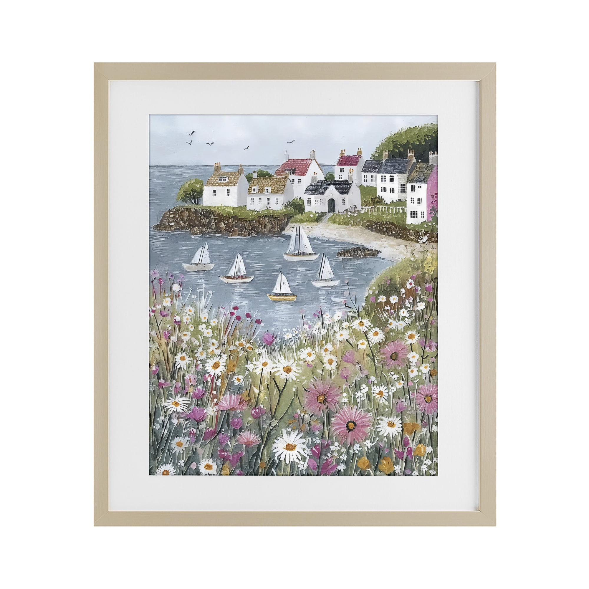 Stupell Industries Seaside Sailboats in Village Bay Birch Framed Print Under Glass, design by Riley B