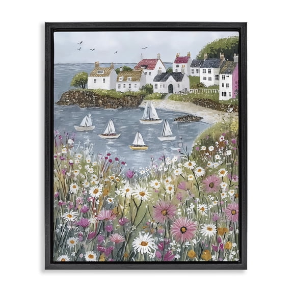 Stupell Industries Rustic Lodge Seaside Sailboats in Village Bay Black Floating Frame Canvas Art, 17 x 21, by Riley B