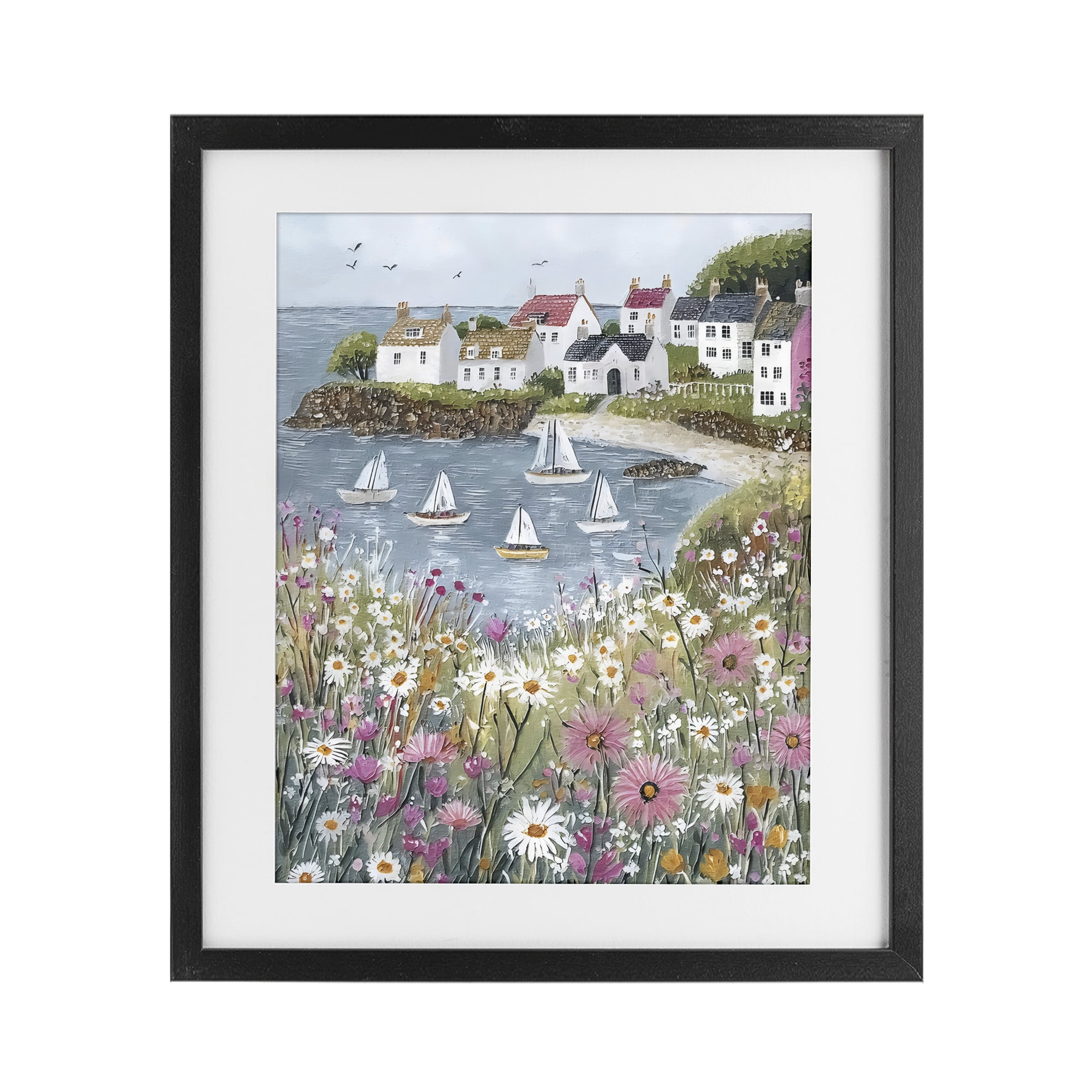 Stupell Industries Seaside Sailboats in Village Bay Black Framed Print Under Glass, design by Riley B