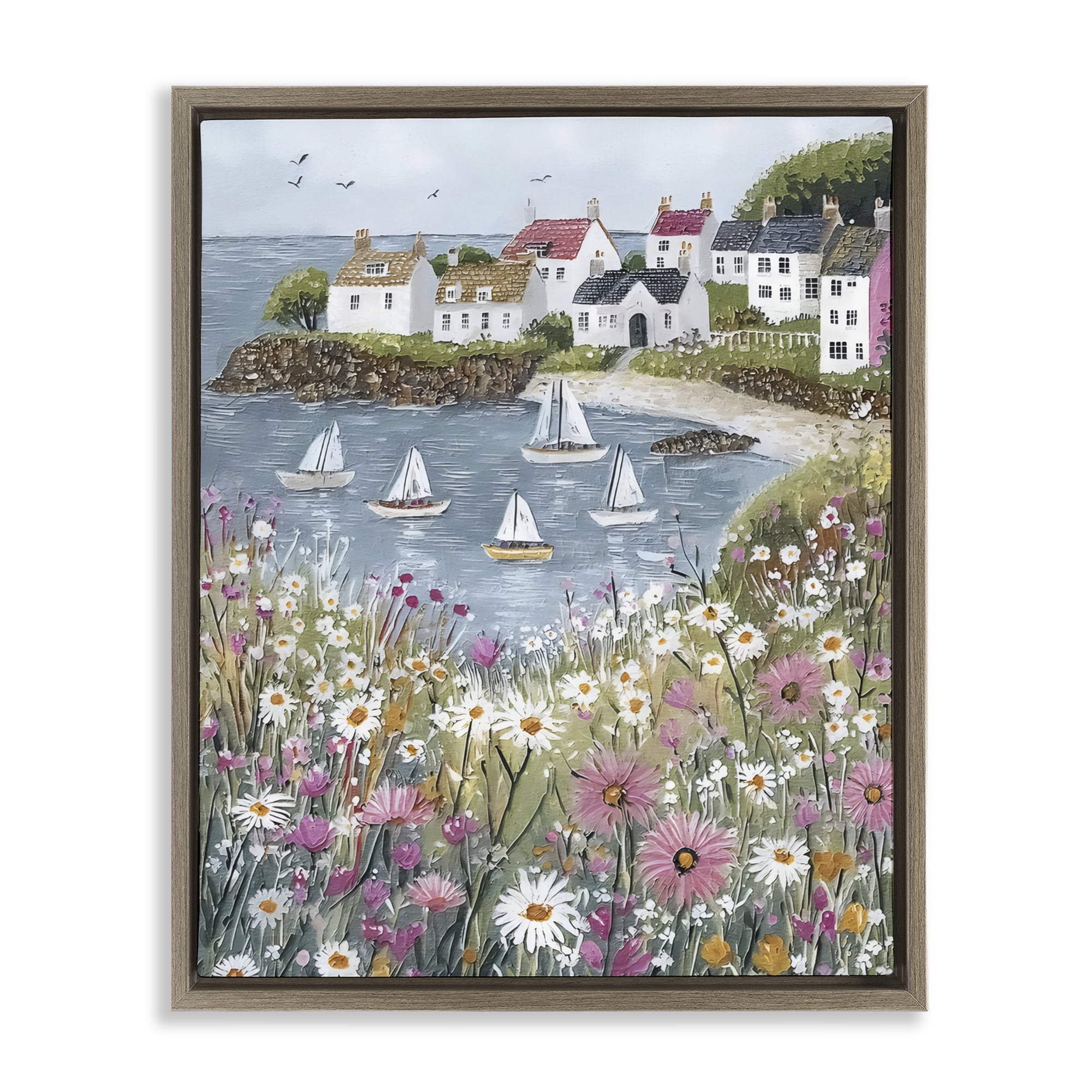 Stupell Industries Seaside Sailboats in Village Bay Brown Framed Floater Canvas Wall Art, design by Riley B