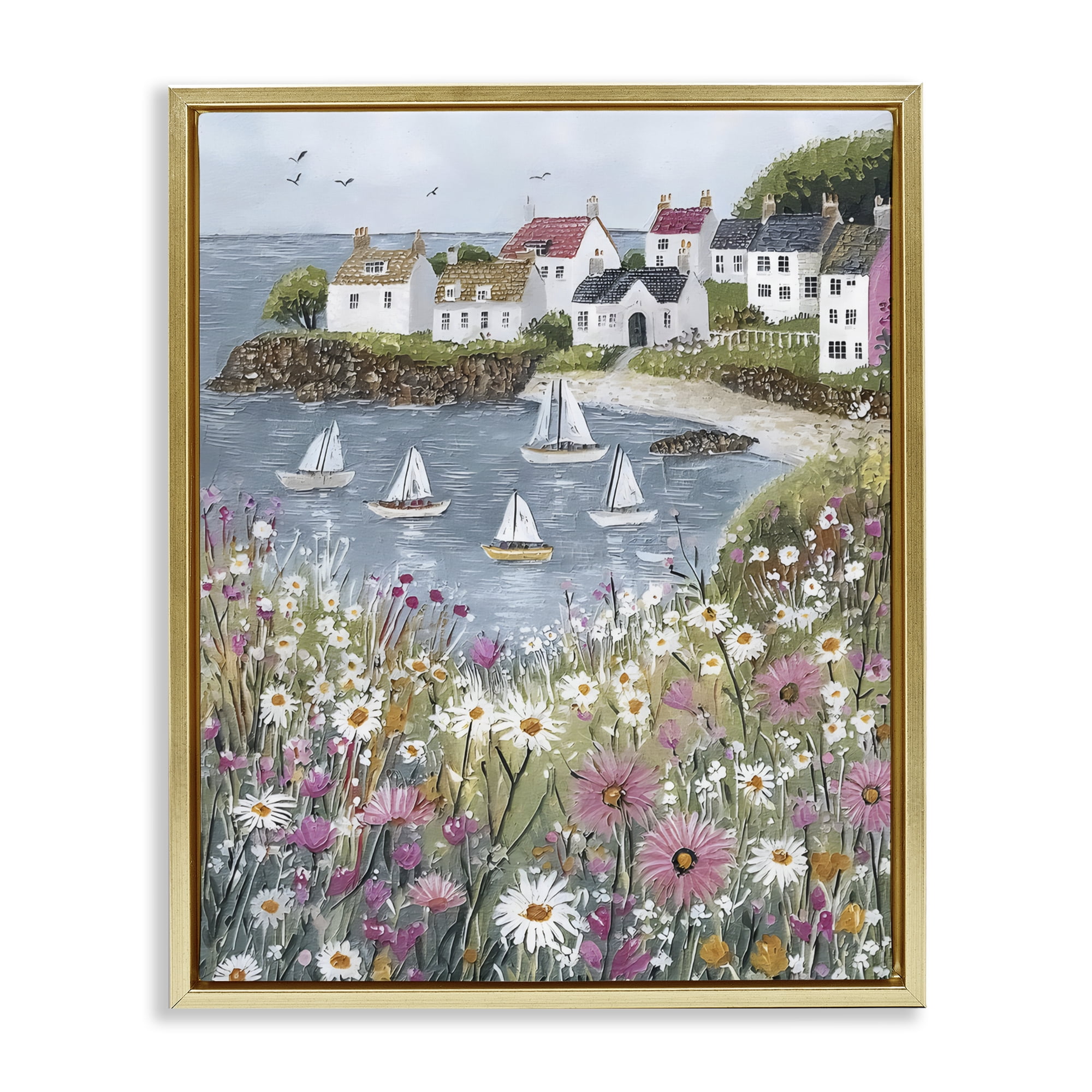 Stupell Industries Seaside Sailboats in Village Bay Gold Framed Floater Canvas Wall Art, design by Riley B