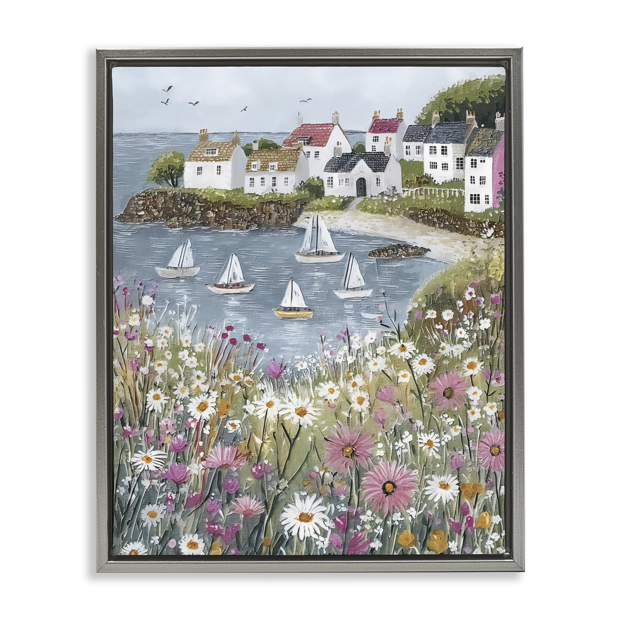 Stupell Industries Seaside Sailboats in Village Bay Gray Framed Floater Canvas Wall Art, design by Riley B