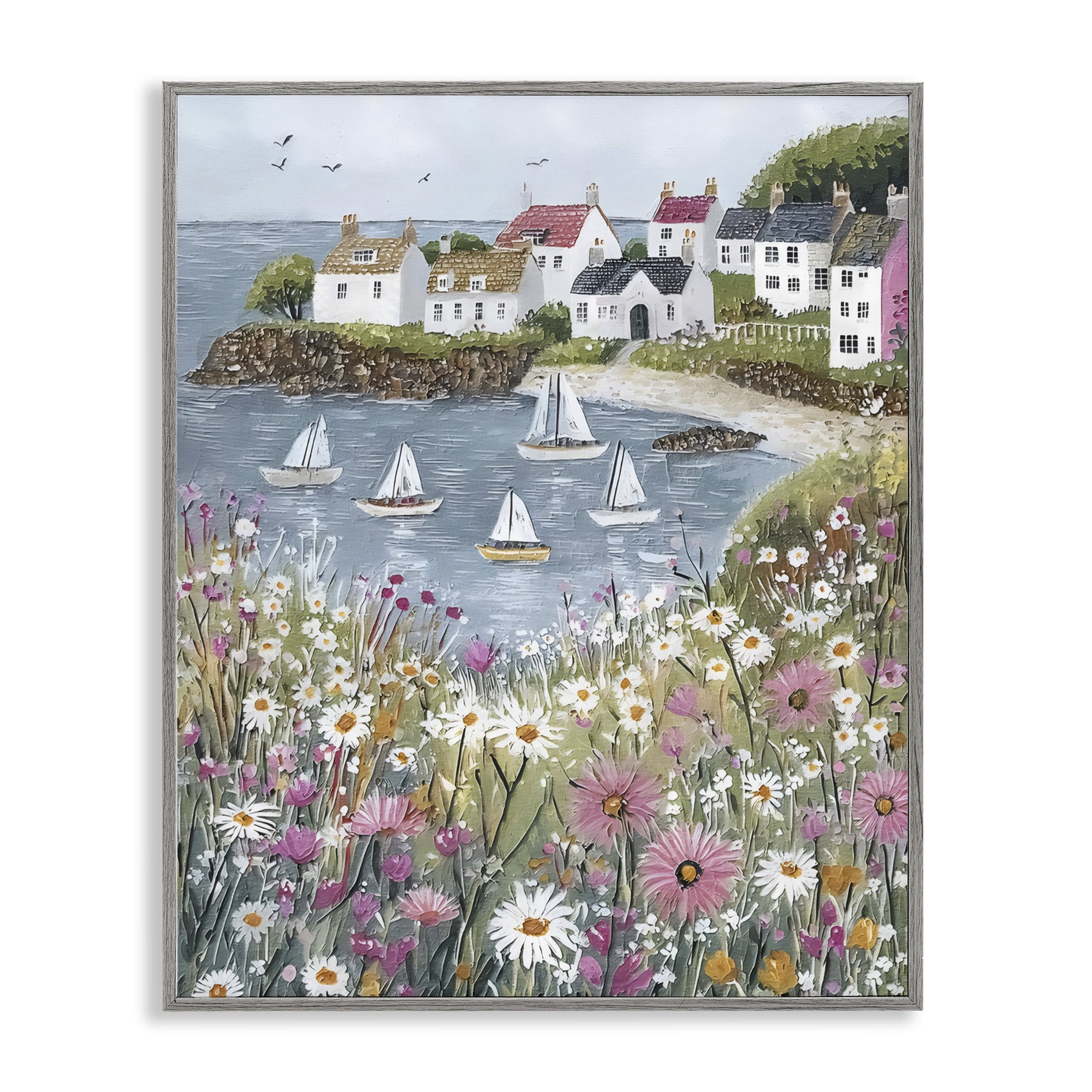 Stupell Industries Seaside Sailboats in Village Bay Gray Framed Giclee Art, design by Riley B
