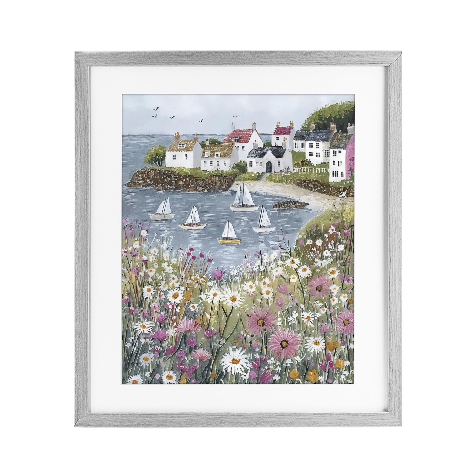 Stupell Industries Seaside Sailboats in Village Bay Gray Framed Print Under Glass, design by Riley B