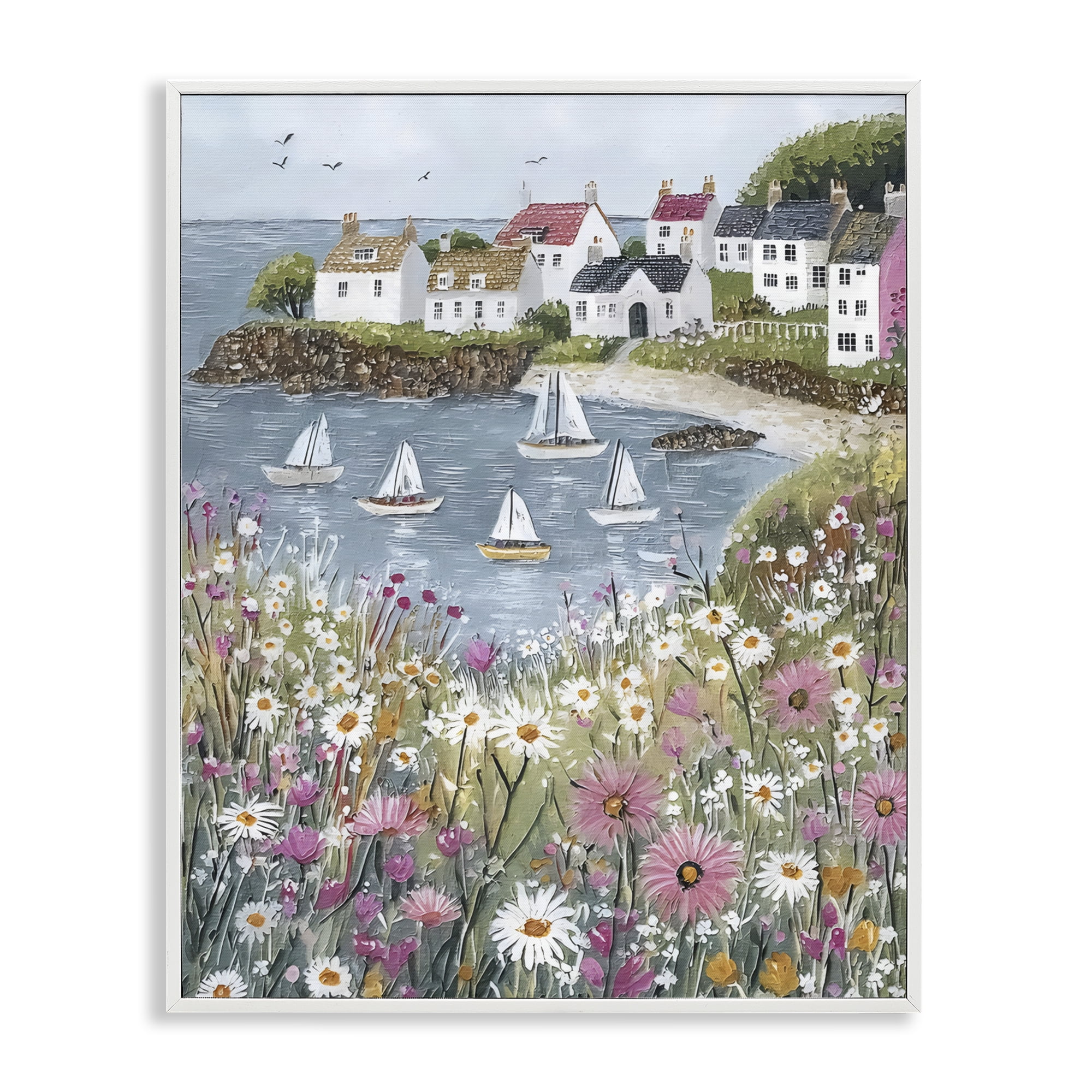 Stupell Industries Seaside Sailboats in Village Bay White Framed Giclee Art, design by Riley B