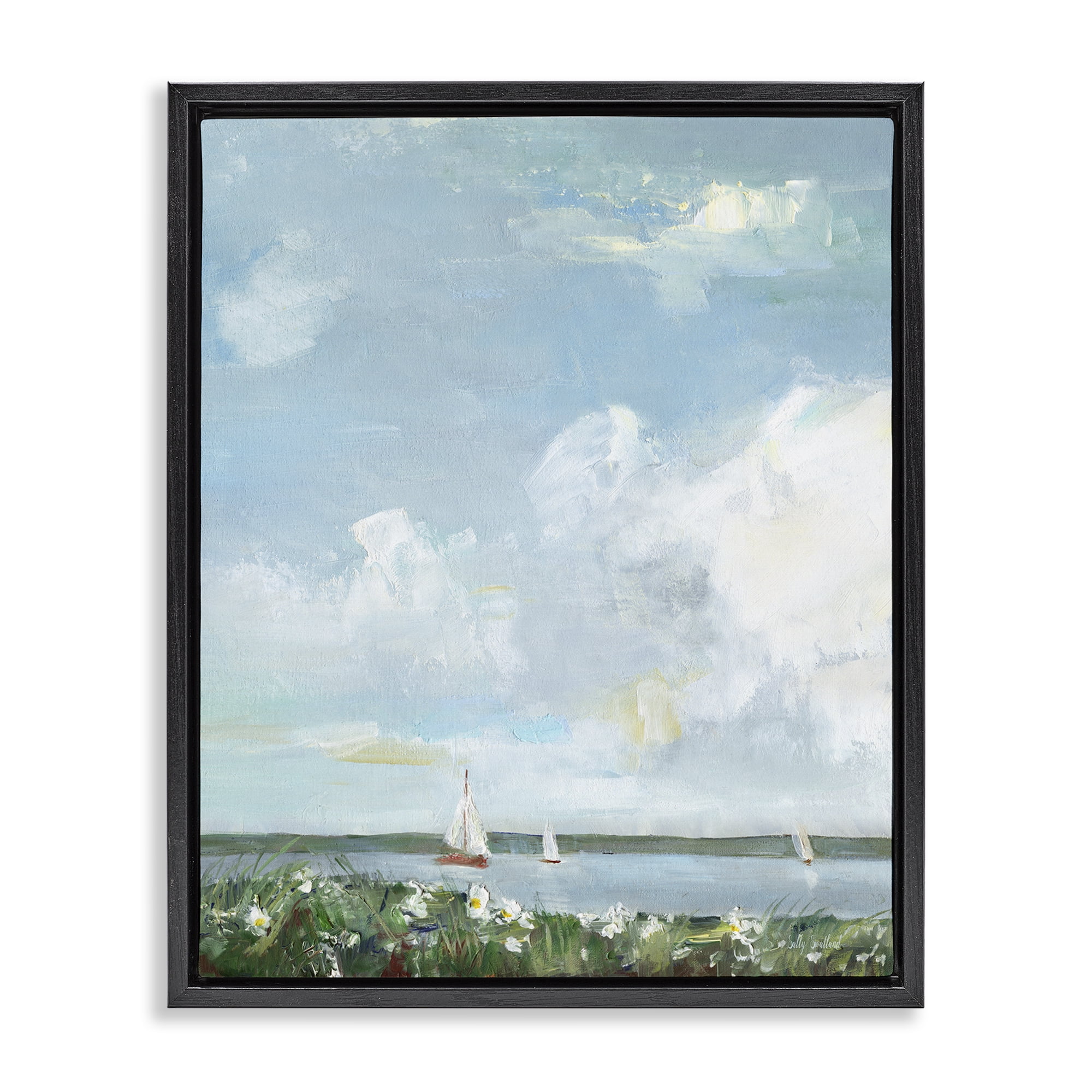 Stupell Industries Seaside Sailing Under Clouds Black Framed Floater Canvas Wall Art, design by Sally Swatland