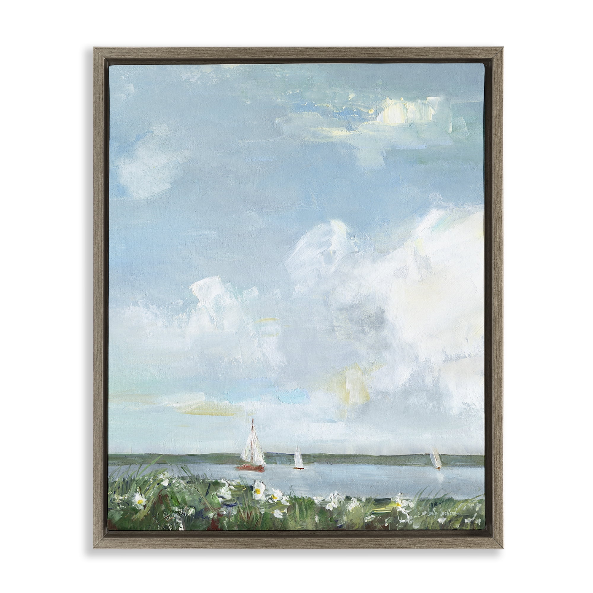 Stupell Industries Seaside Sailing Under Clouds Brown Framed Floater Canvas Wall Art, design by Sally Swatland