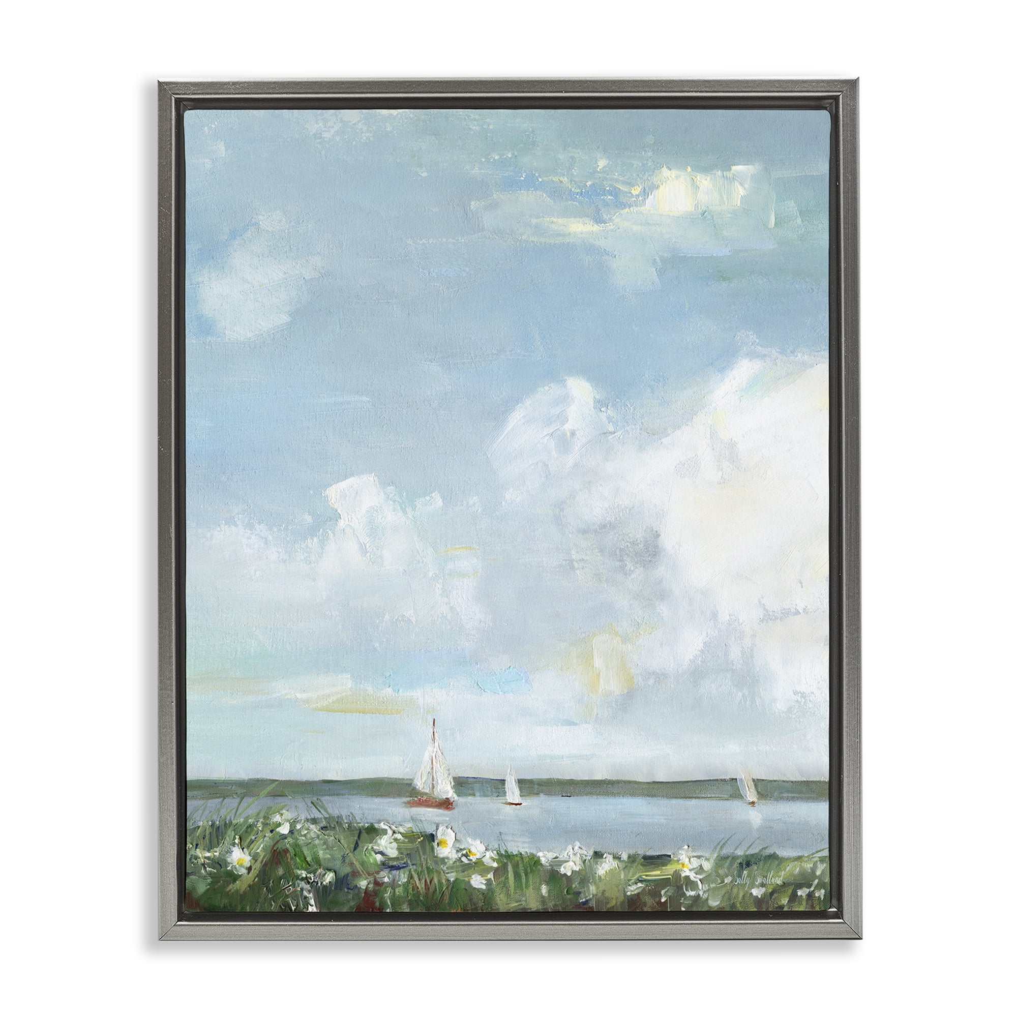 Stupell Industries Seaside Sailing Under Clouds Gray Framed Floater Canvas Wall Art, design by Sally Swatland