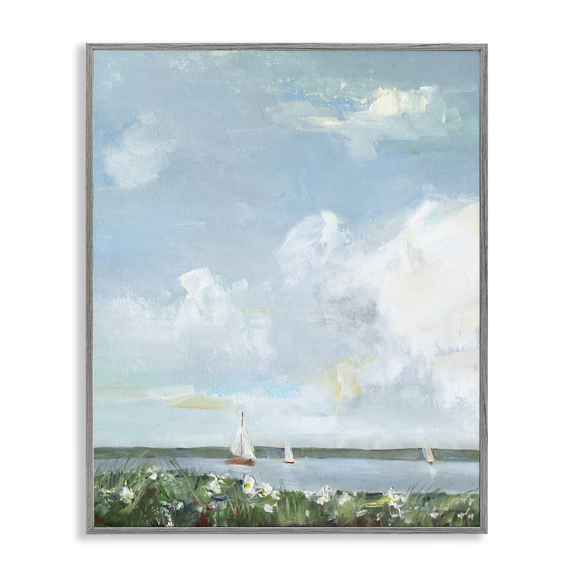 Stupell Industries Seaside Sailing Under Clouds Gray Framed Giclee Art, design by Sally Swatland